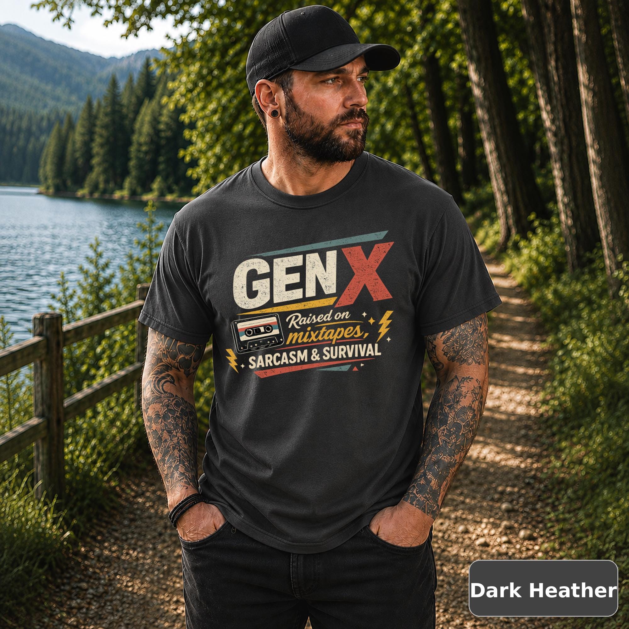 Retro nostalgia tee featuring bold cream, red, yellow, and teal typography on dark heather fabric.