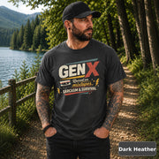 Retro nostalgia tee featuring bold cream, red, yellow, and teal typography on dark heather fabric.