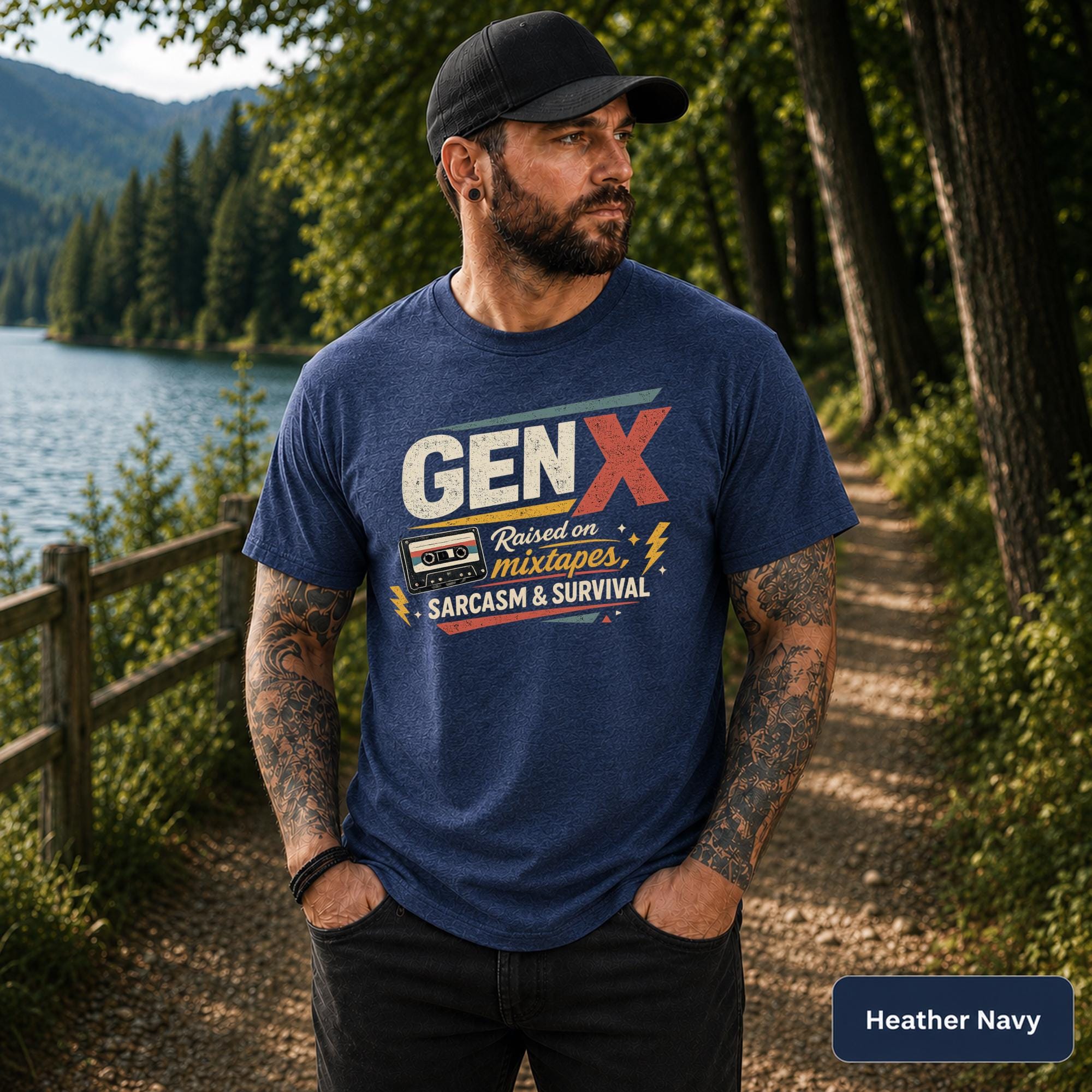 Heather Navy unisex shirt featuring a distressed Generation X design and old-school mixtape graphic.