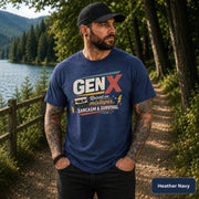 Heather Navy unisex shirt featuring a distressed Generation X design and old-school mixtape graphic.