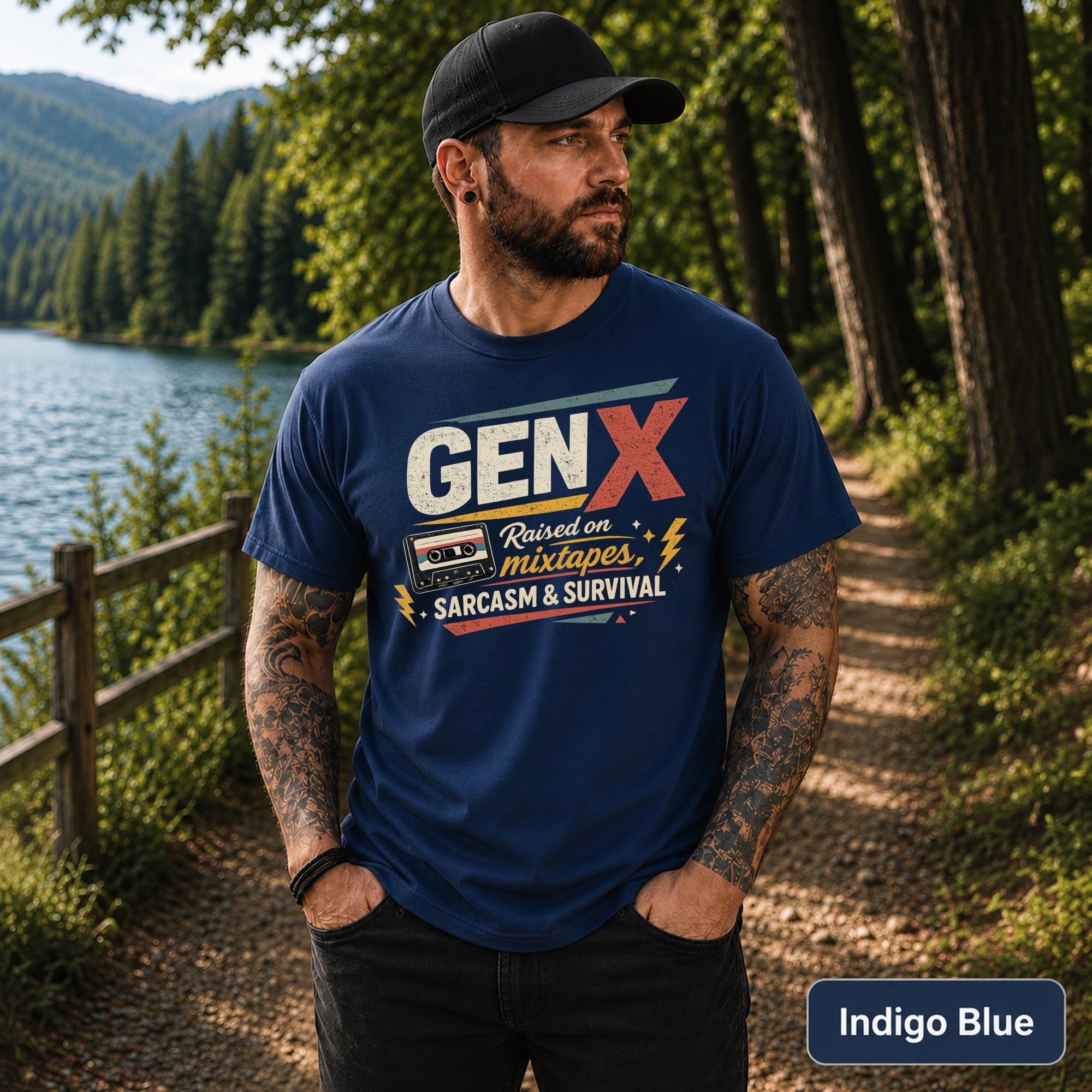 Men’s nostalgic graphic tee photographed on a forest trail beside a scenic lake.