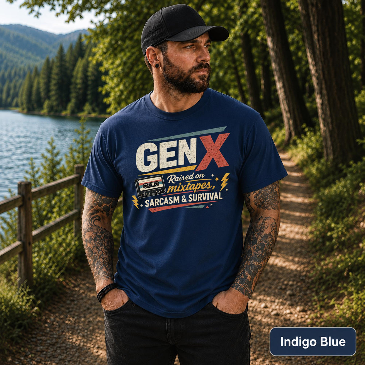 Men’s nostalgic graphic tee photographed on a forest trail beside a scenic lake.