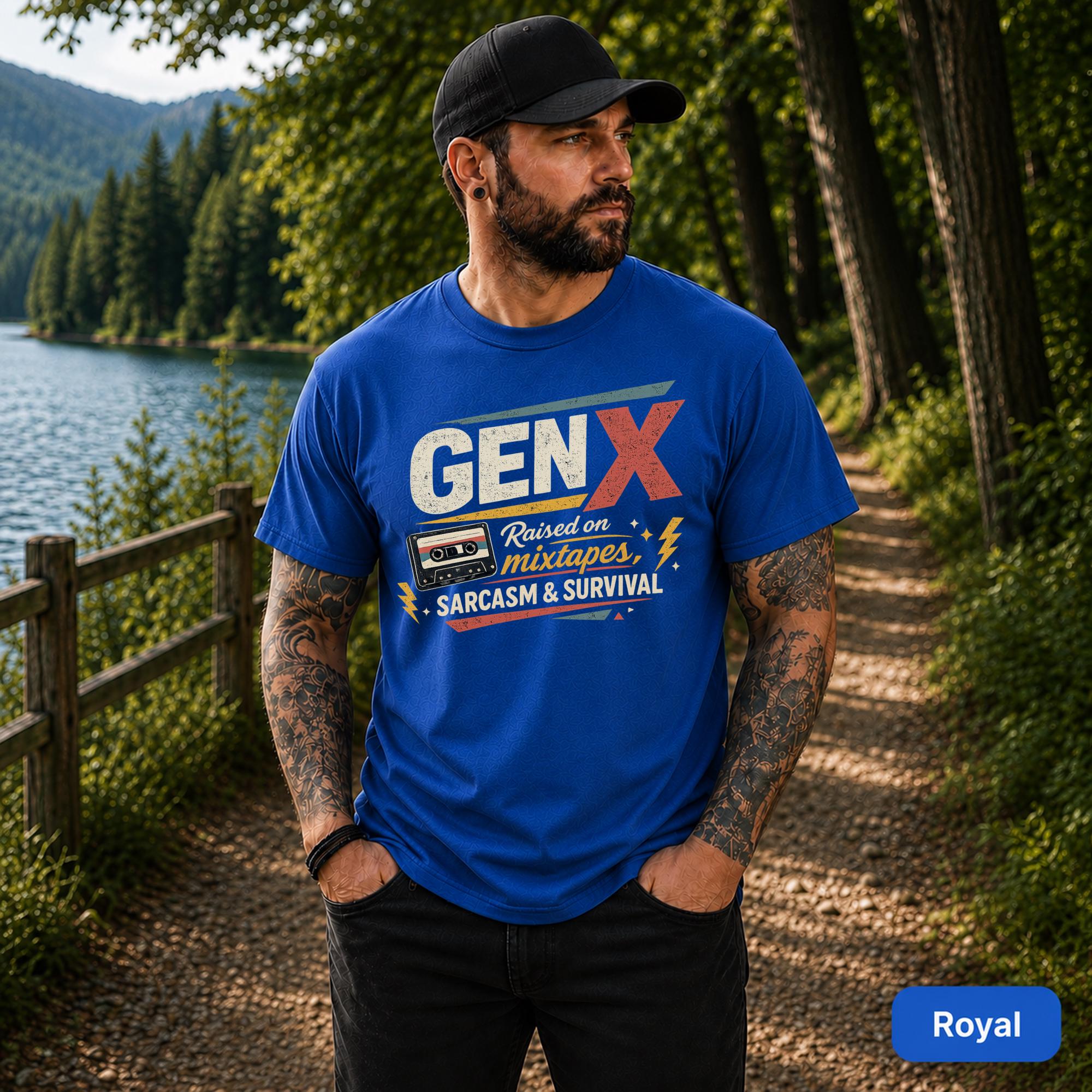 Generation X apparel featuring weathered typography, geometric accents, and lightning symbols.
