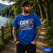 Generation X apparel featuring weathered typography, geometric accents, and lightning symbols.