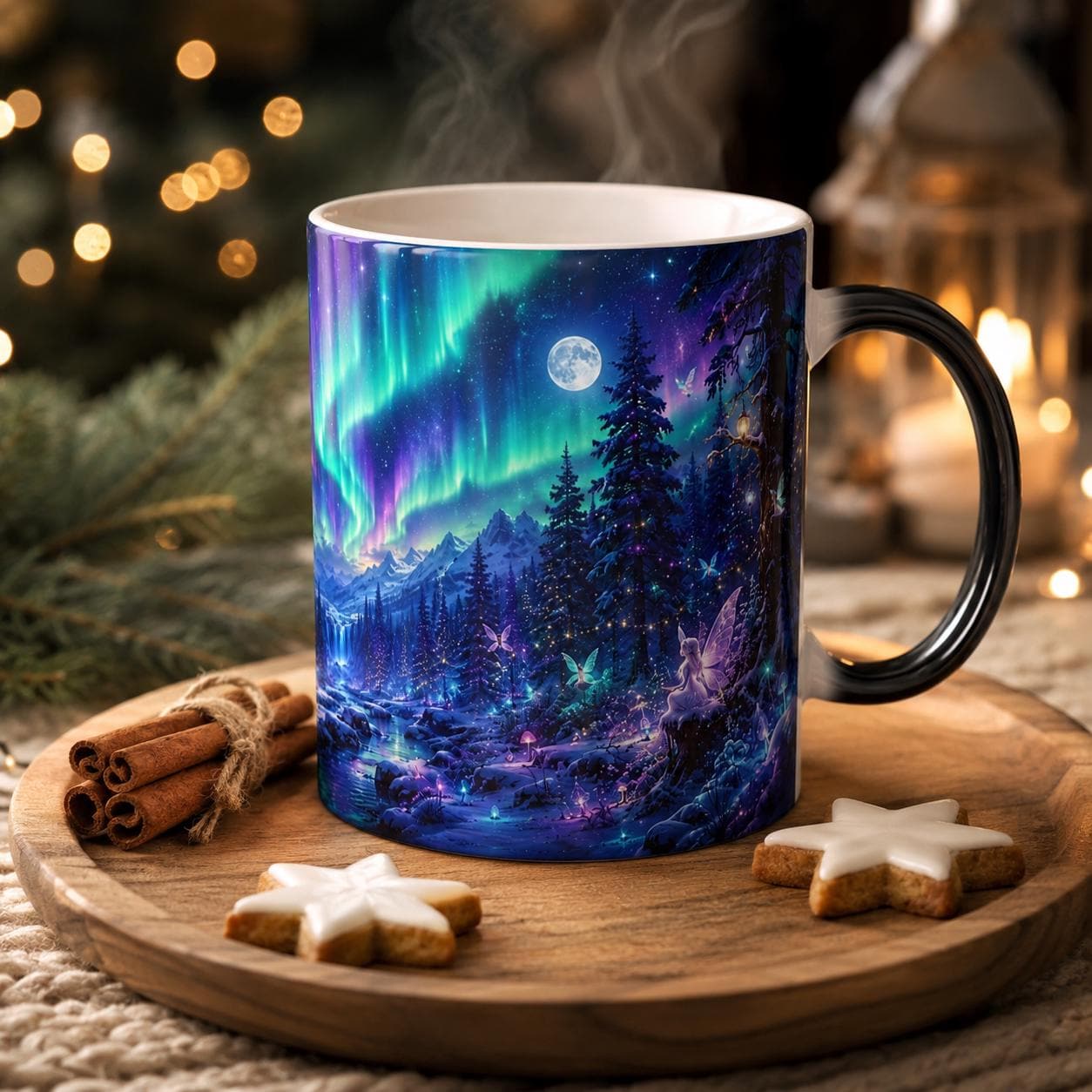 Celestial coffee mug with vibrant northern lights and a dreamy nighttime forest illustration.