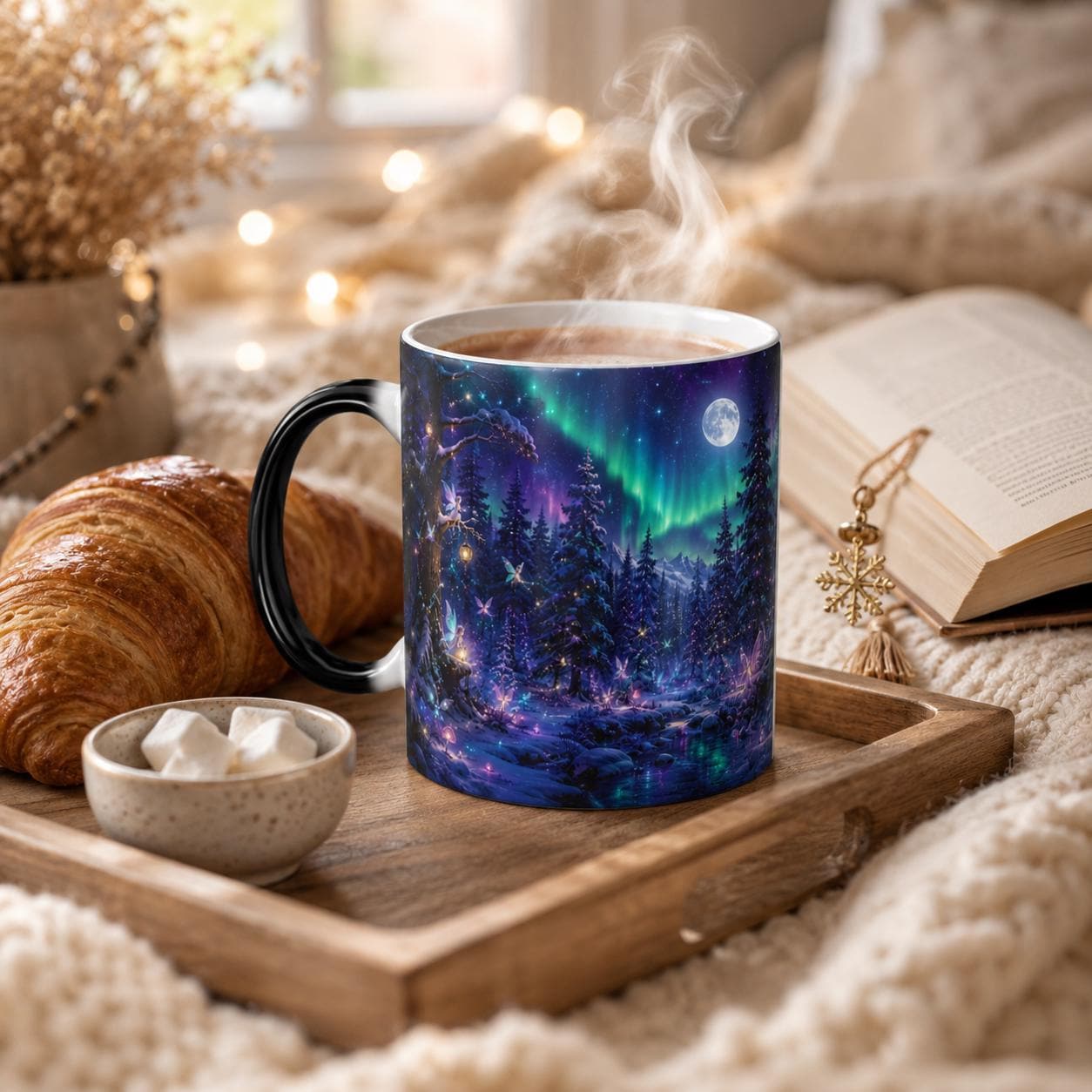 Enchanted winter mug displayed beside an open book, croissants, and a warm drink on a wooden tray.