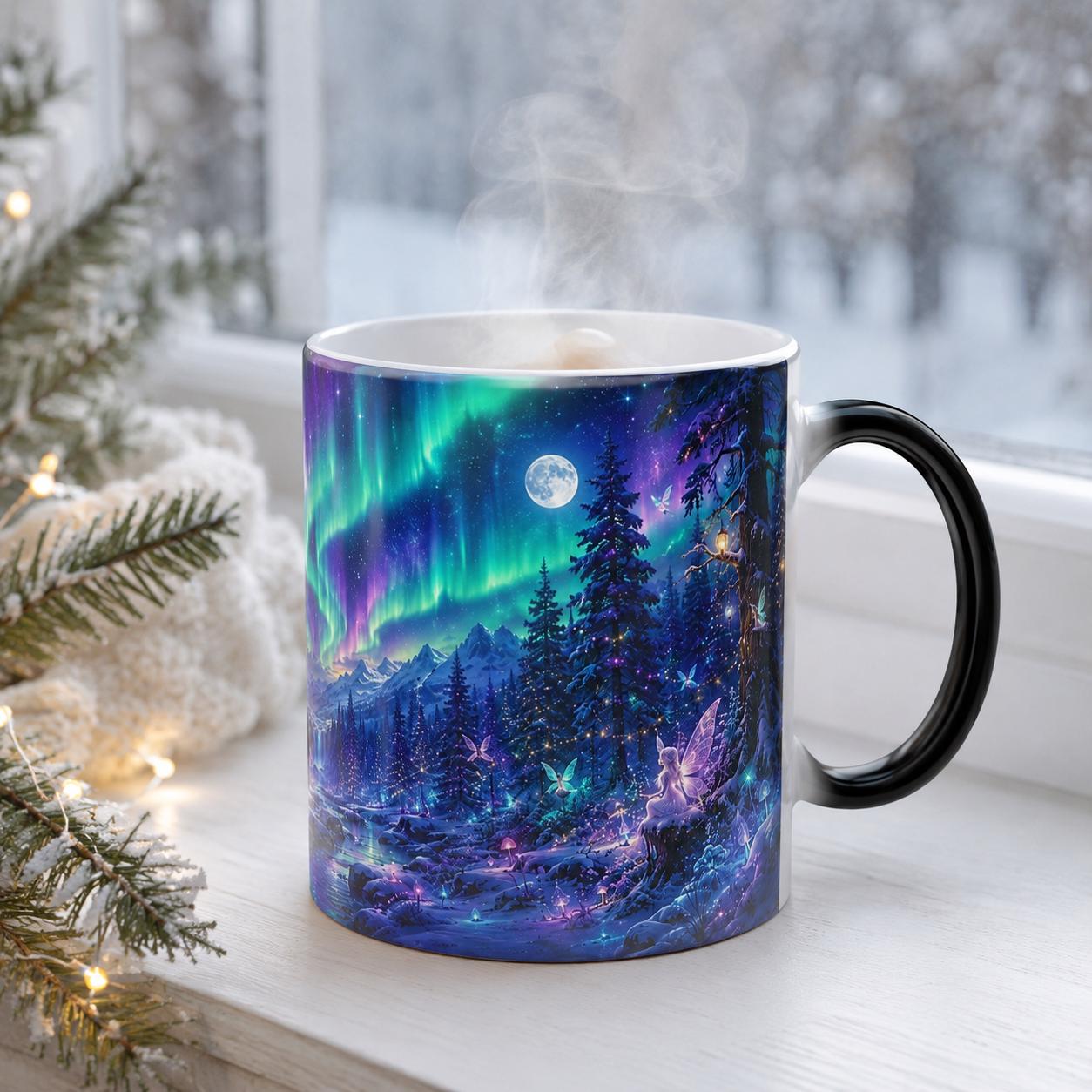 Winter night coffee cup featuring a glowing moon, stars, evergreen trees, and jewel-tone northern lights.