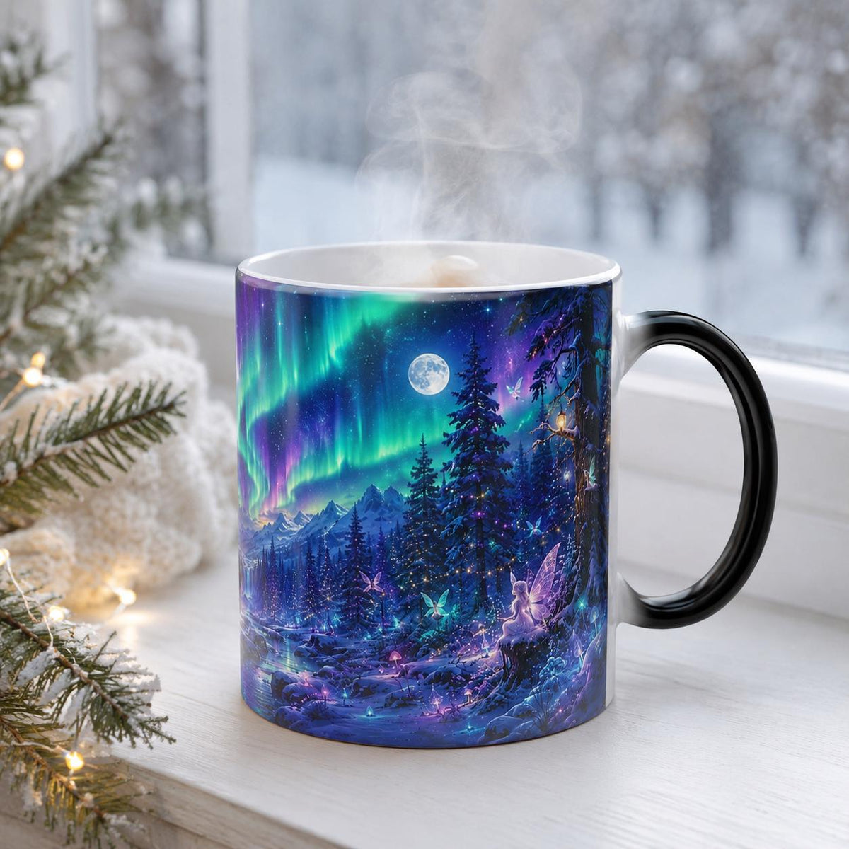 Winter night coffee cup featuring a glowing moon, stars, evergreen trees, and jewel-tone northern lights.