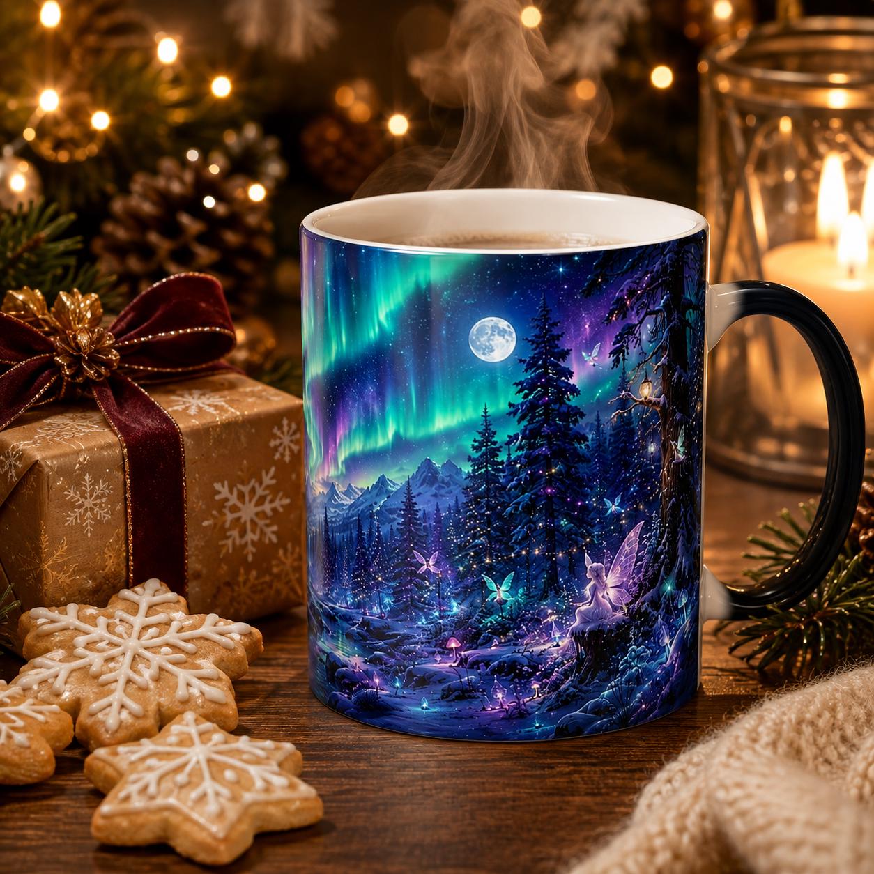 Stargazer gift mug featuring a brilliant aurora above a detailed mountain and forest landscape.