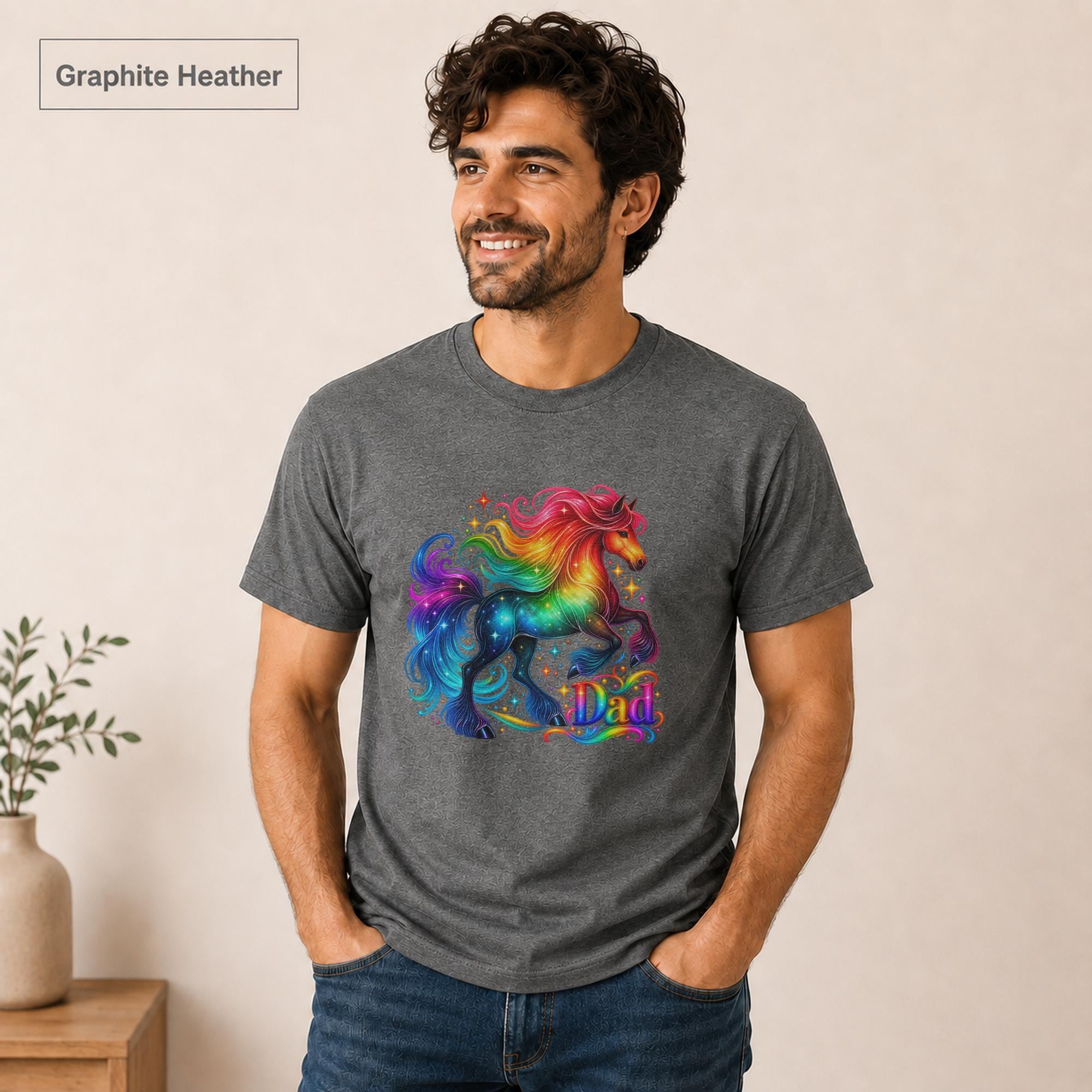 Gay Father’s Day shirt with rainbow horse artwork and bright Dad text.