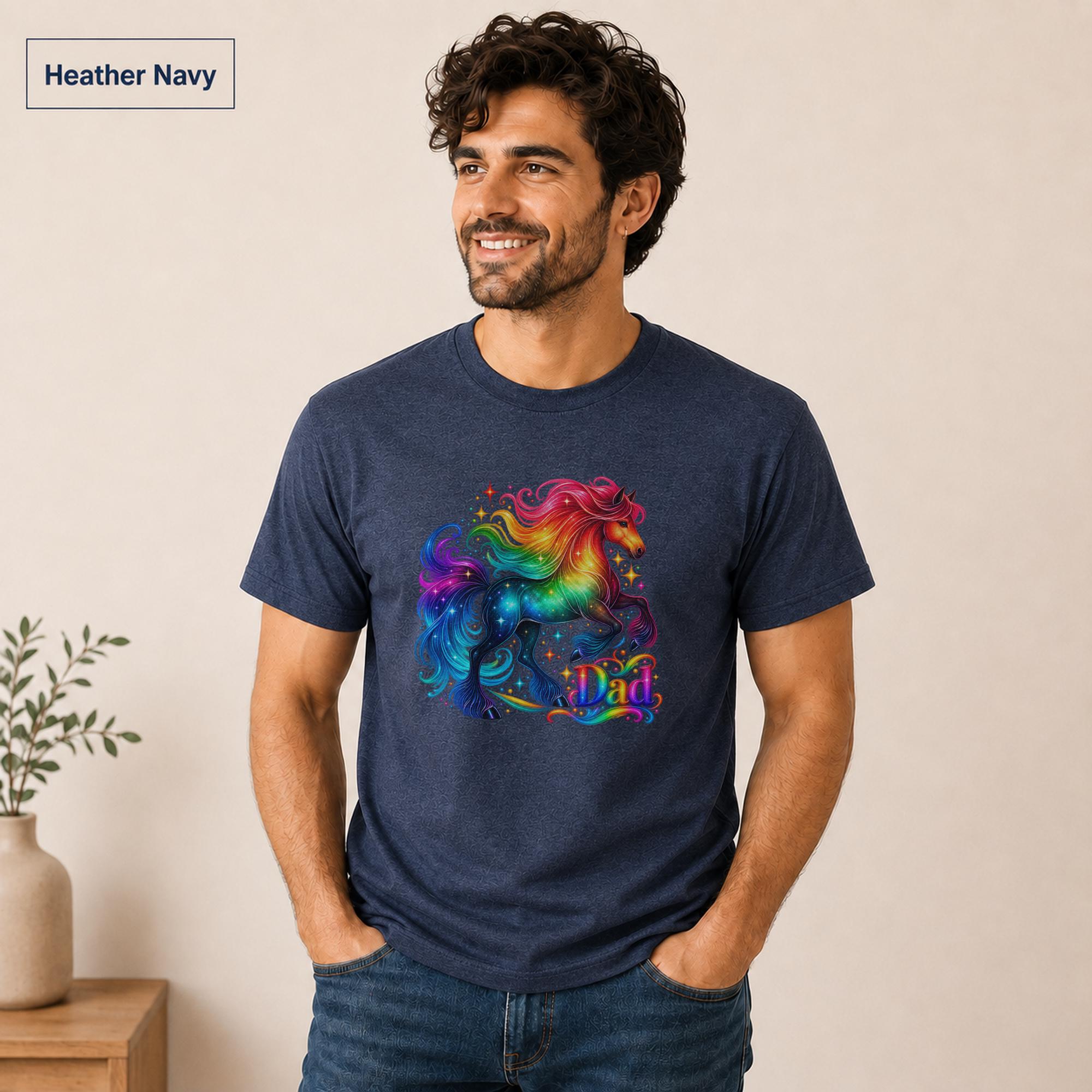 LGBTQ dad graphic tee featuring a fantasy stallion in rainbow colors.