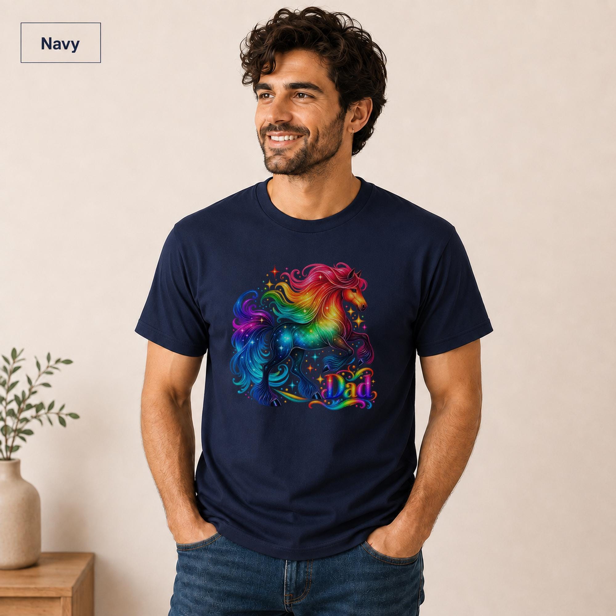 Gay men’s Pride graphic shirt with colorful horse artwork and sparkling details.