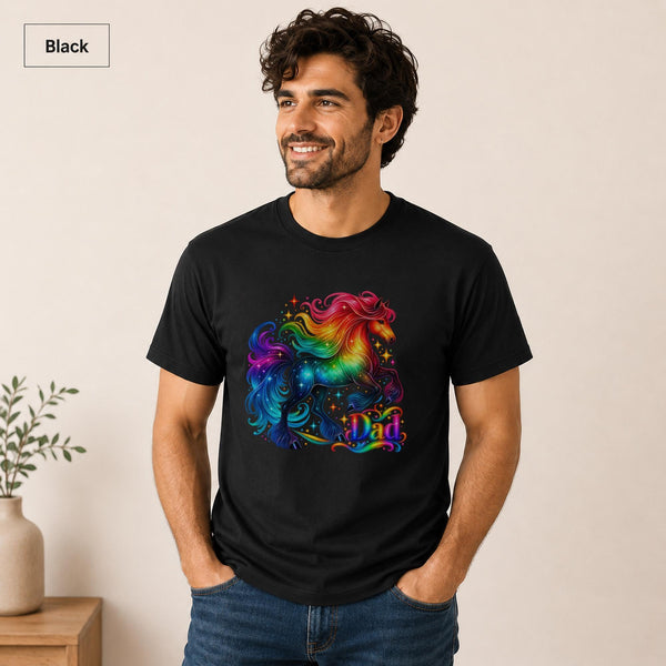 Gay dad Pride shirt in black featuring a colorful rainbow horse and decorative Dad lettering.