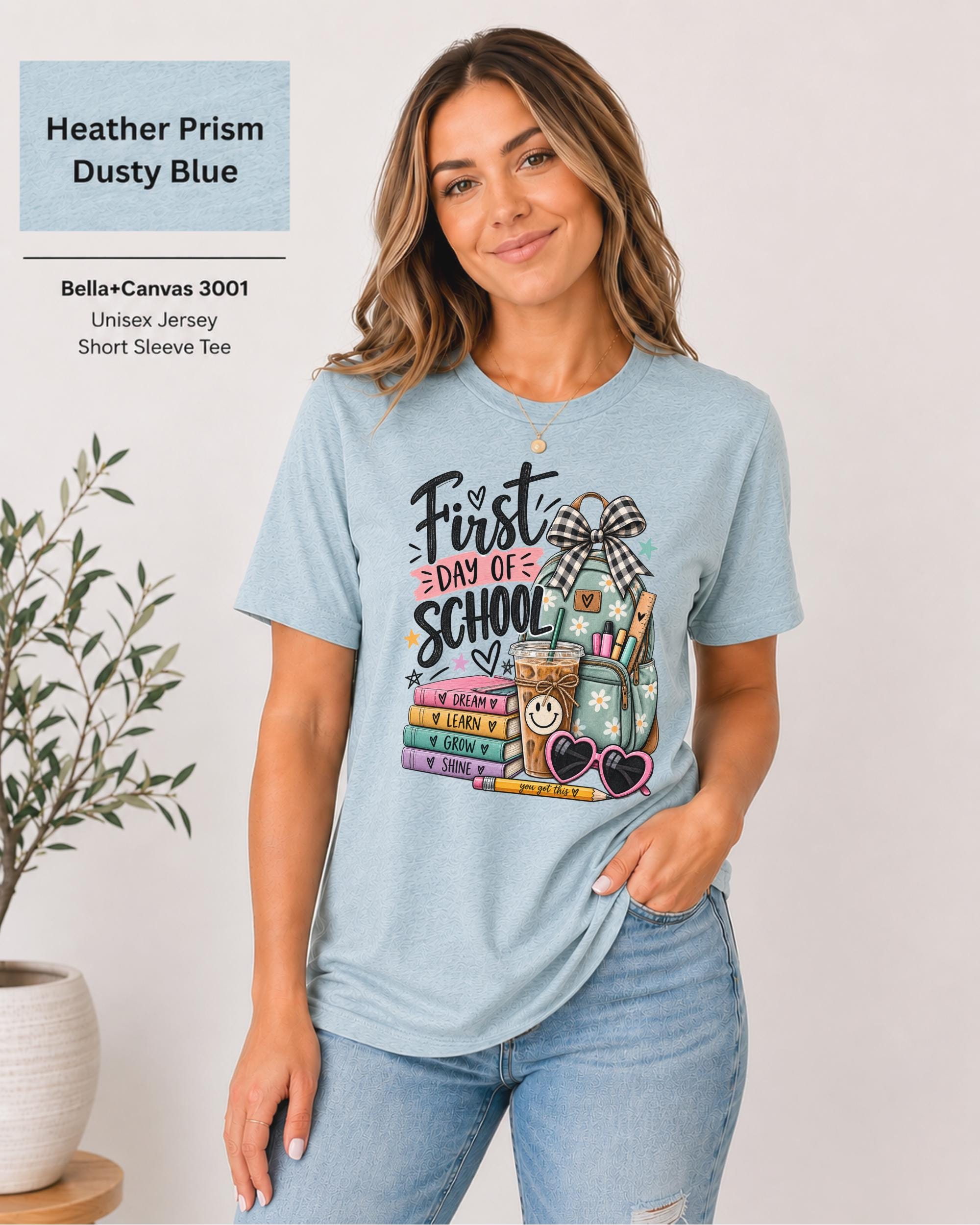 Teacher first day outfit featuring stacked books labeled Dream, Learn, Grow, and Shine.