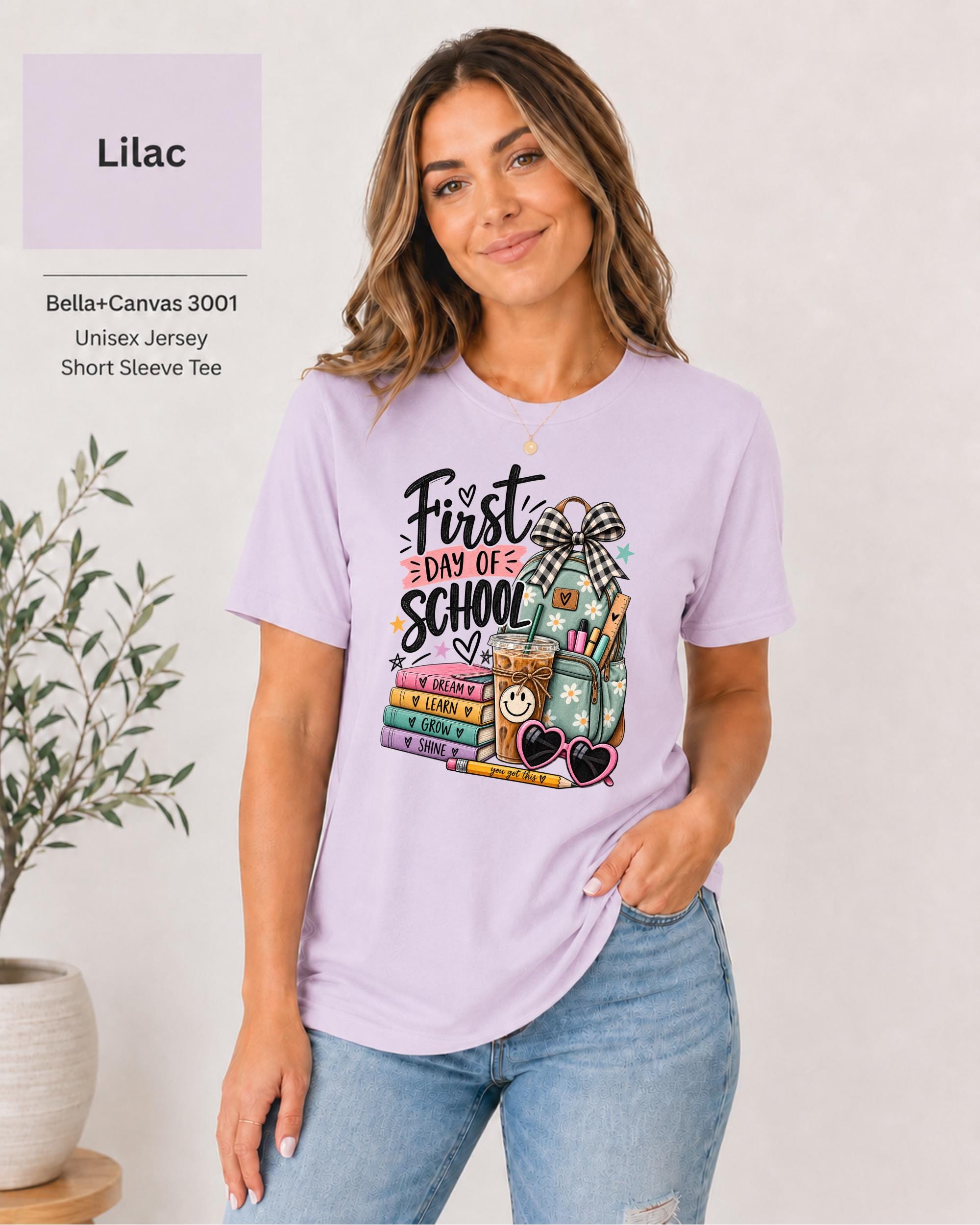 Lilac unisex teacher tee for classroom setup, staff photos, and back-to-school events.