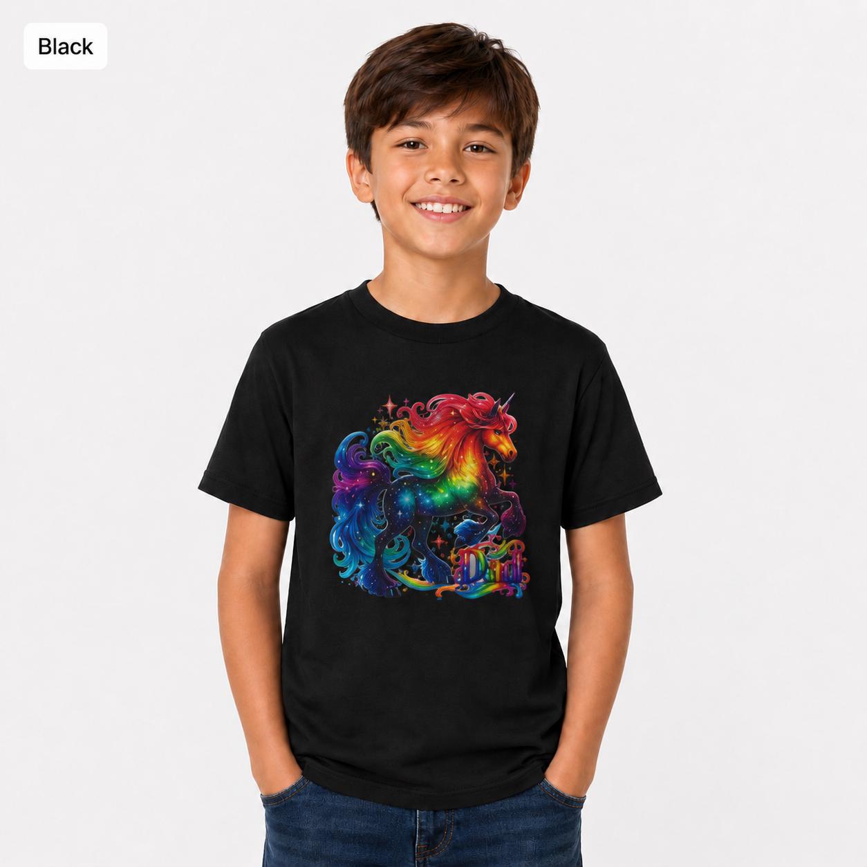 Youth Gildan 5000B black T-shirt mockup featuring a colorful rainbow unicorn graphic on a smiling child model.