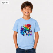 Light blue Gildan 5000B youth tee shown on a child with a bright rainbow unicorn design centered on the shirt.