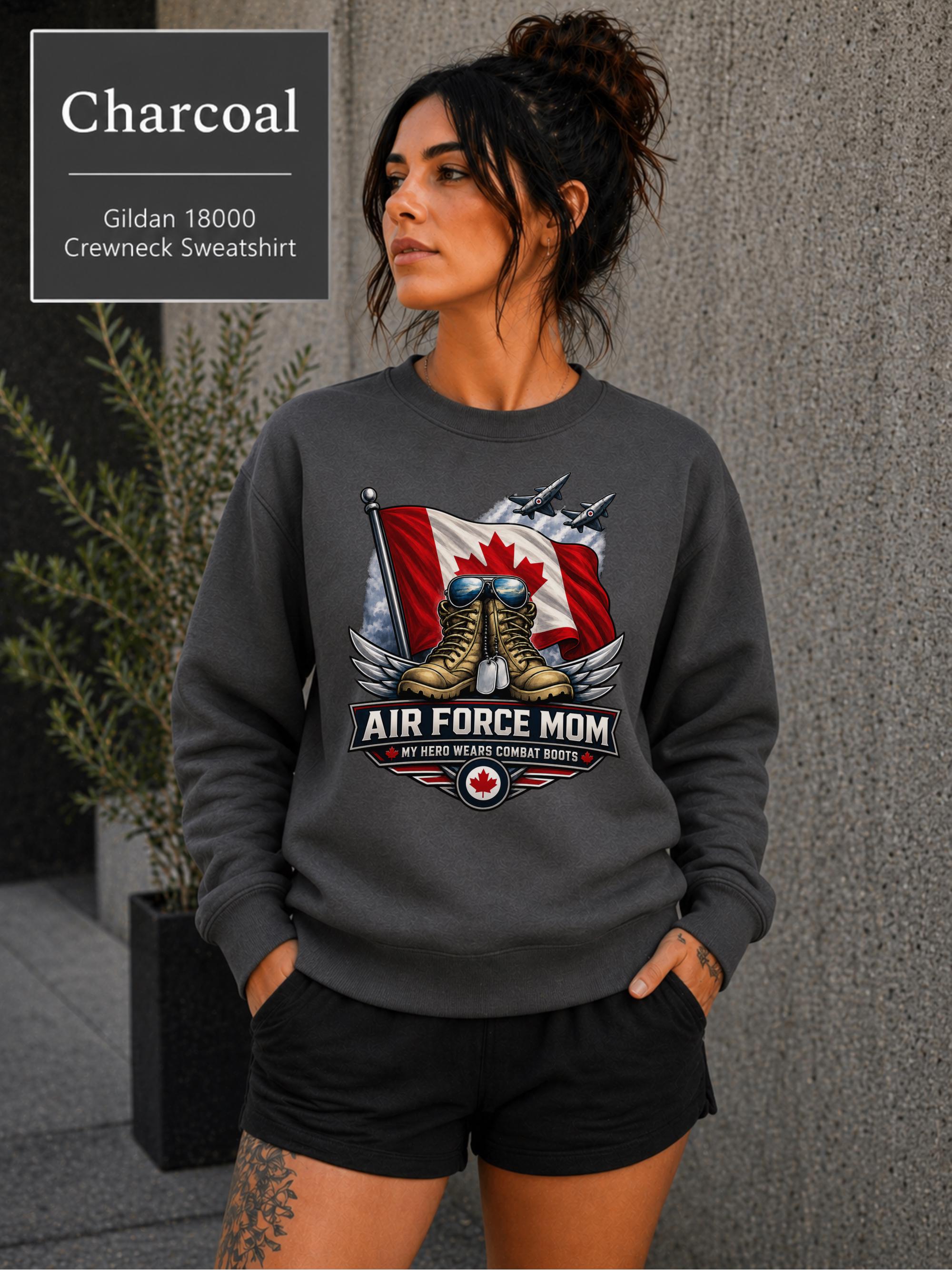 Military parent crewneck available in Air Force Mom and Dad versions with Canadian flag design.