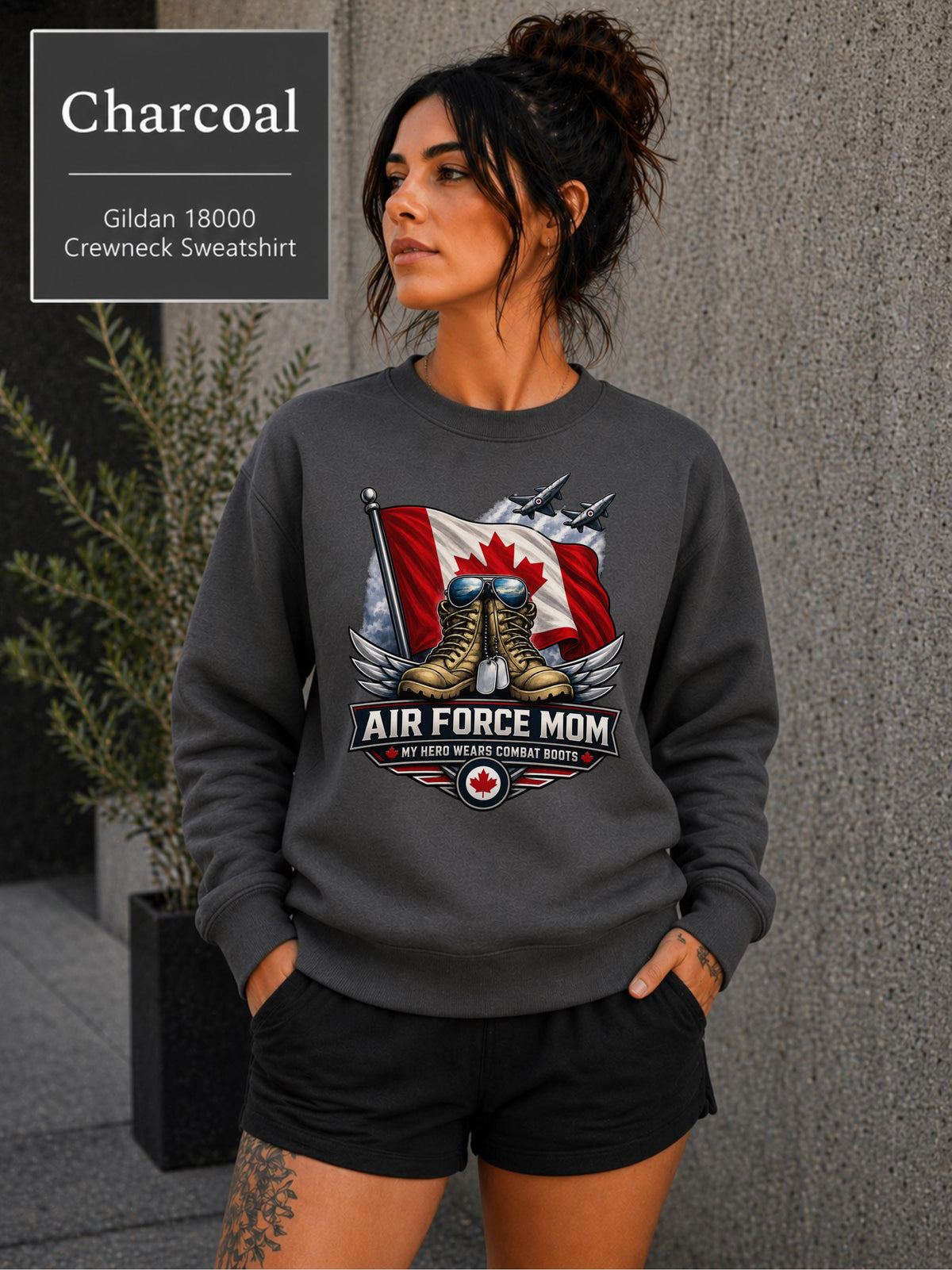 Military parent crewneck available in Air Force Mom and Dad versions with Canadian flag design.