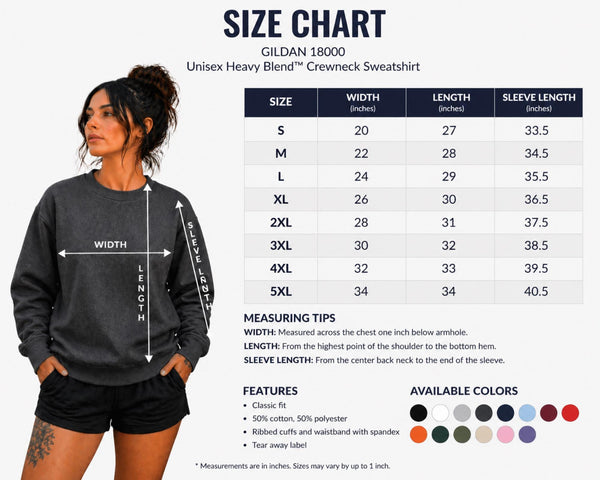 Size chart Air Force parent gift sweatshirt available for Mom or Dad in navy Gildan 18000 style.