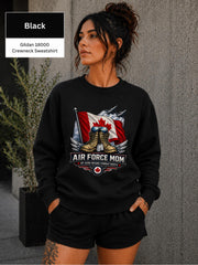 Black Gildan 18000 Air Force Mom sweatshirt displayed with bold Canadian military family artwork.
