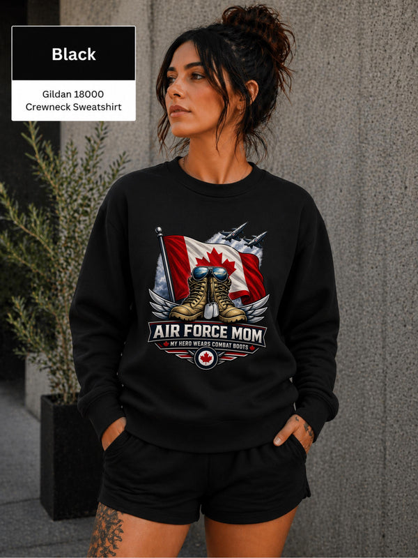 Black Gildan 18000 Air Force Mom sweatshirt displayed with bold Canadian military family artwork.