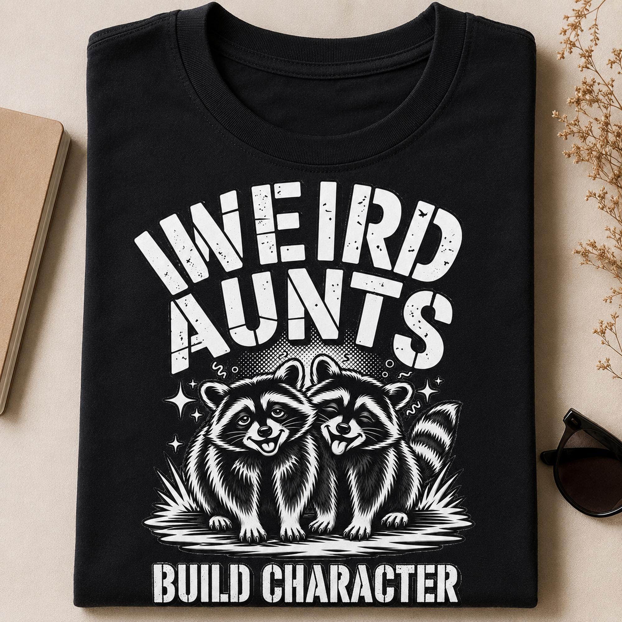 Funny Weird Aunts Build Character raccoon design shown on a black T-shirt with bold distressed white lettering.