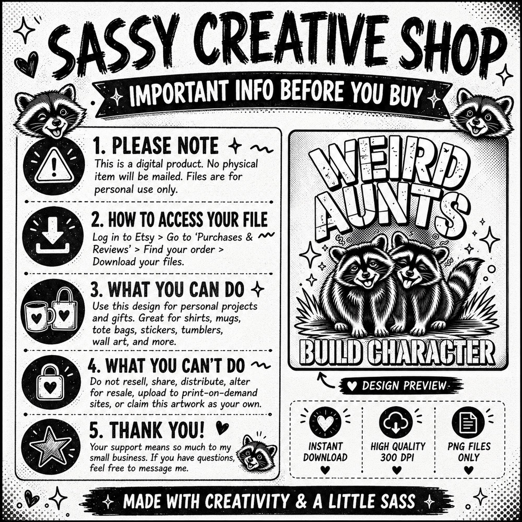 Sassy Creative Shop digital download information showing personal use terms, file access steps, and Weird Aunts raccoon preview.