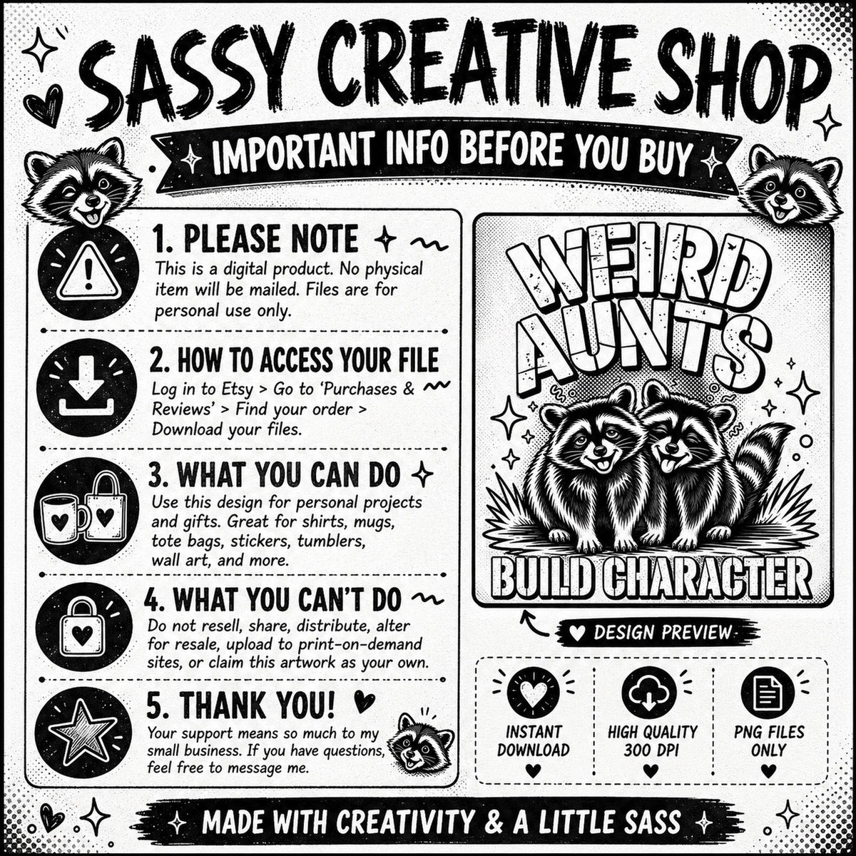 Sassy Creative Shop digital download information showing personal use terms, file access steps, and Weird Aunts raccoon preview.