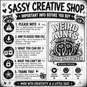 Sassy Creative Shop digital download information showing personal use terms, file access steps, and Weird Aunts raccoon preview.