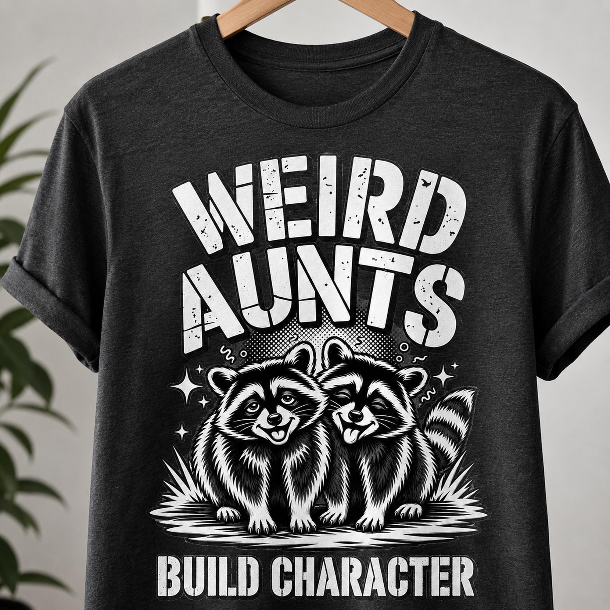 Dark charcoal T-shirt on a hanger featuring the Weird Aunts Build Character funny raccoon graphic.