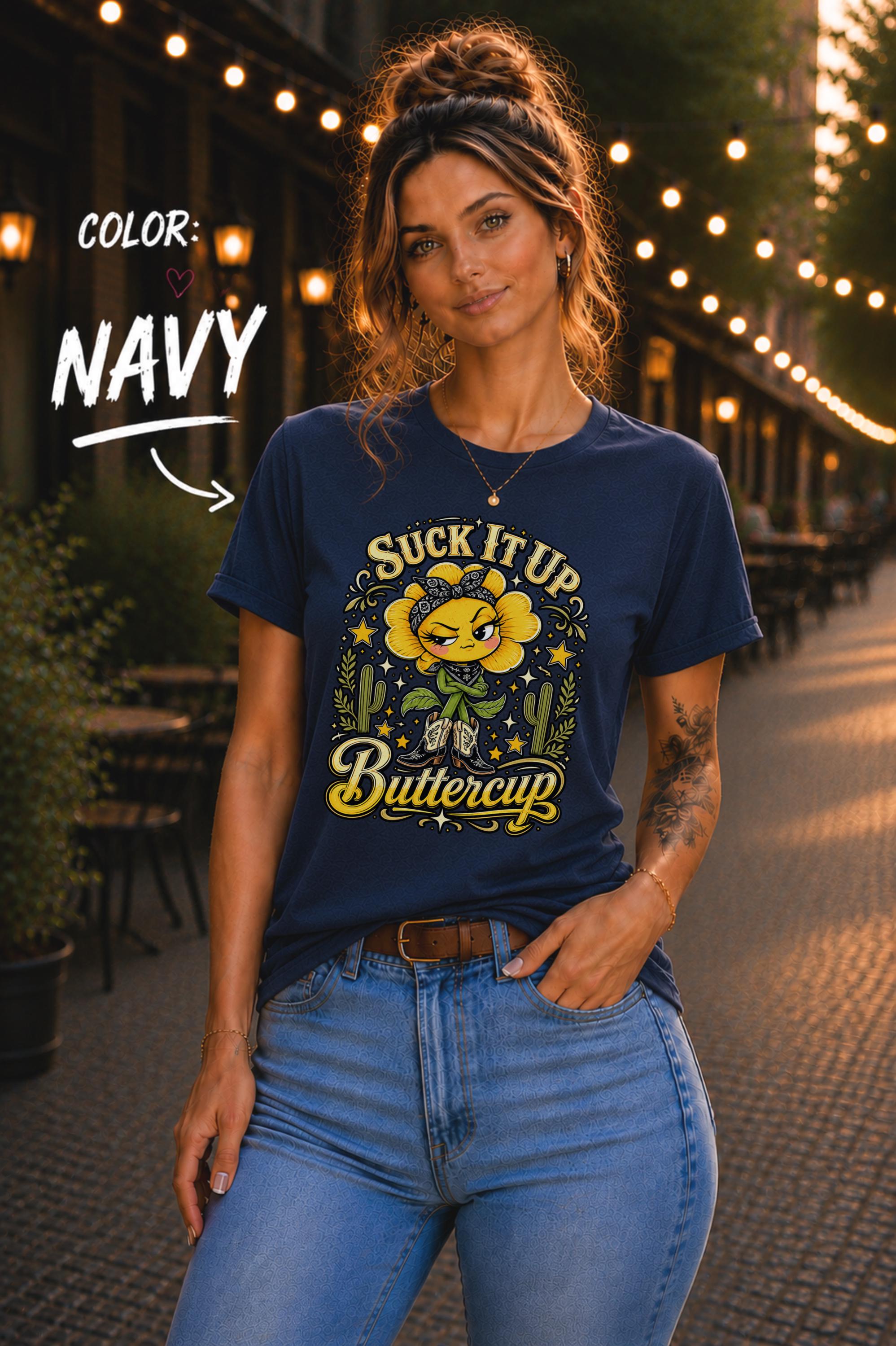 Sassy western graphic tee with cartoon flower, bandana, cactus, stars, and Buttercup lettering.