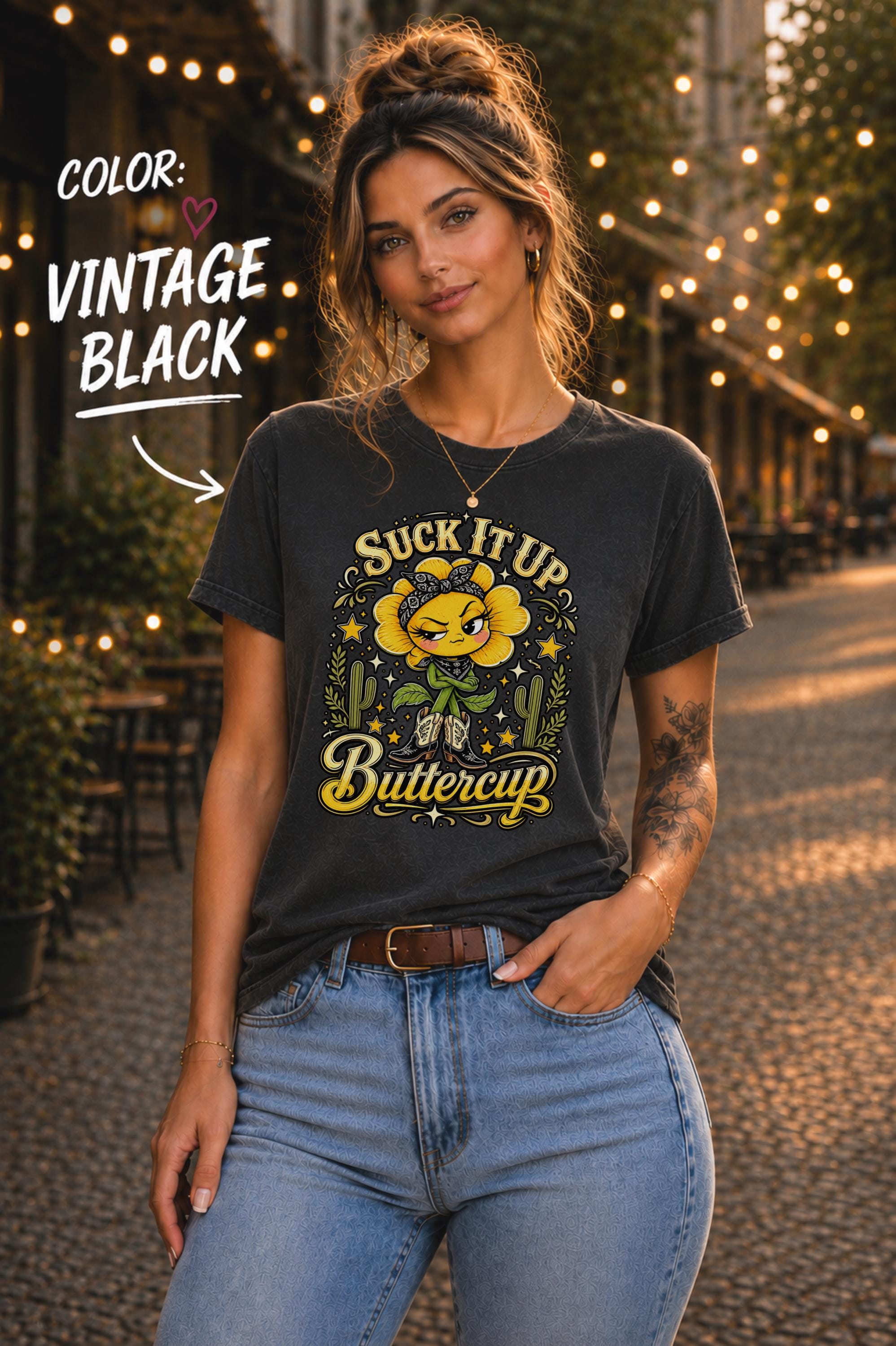 Sassy western graphic tee with cartoon flower, bandana, cactus, stars, and Buttercup lettering.