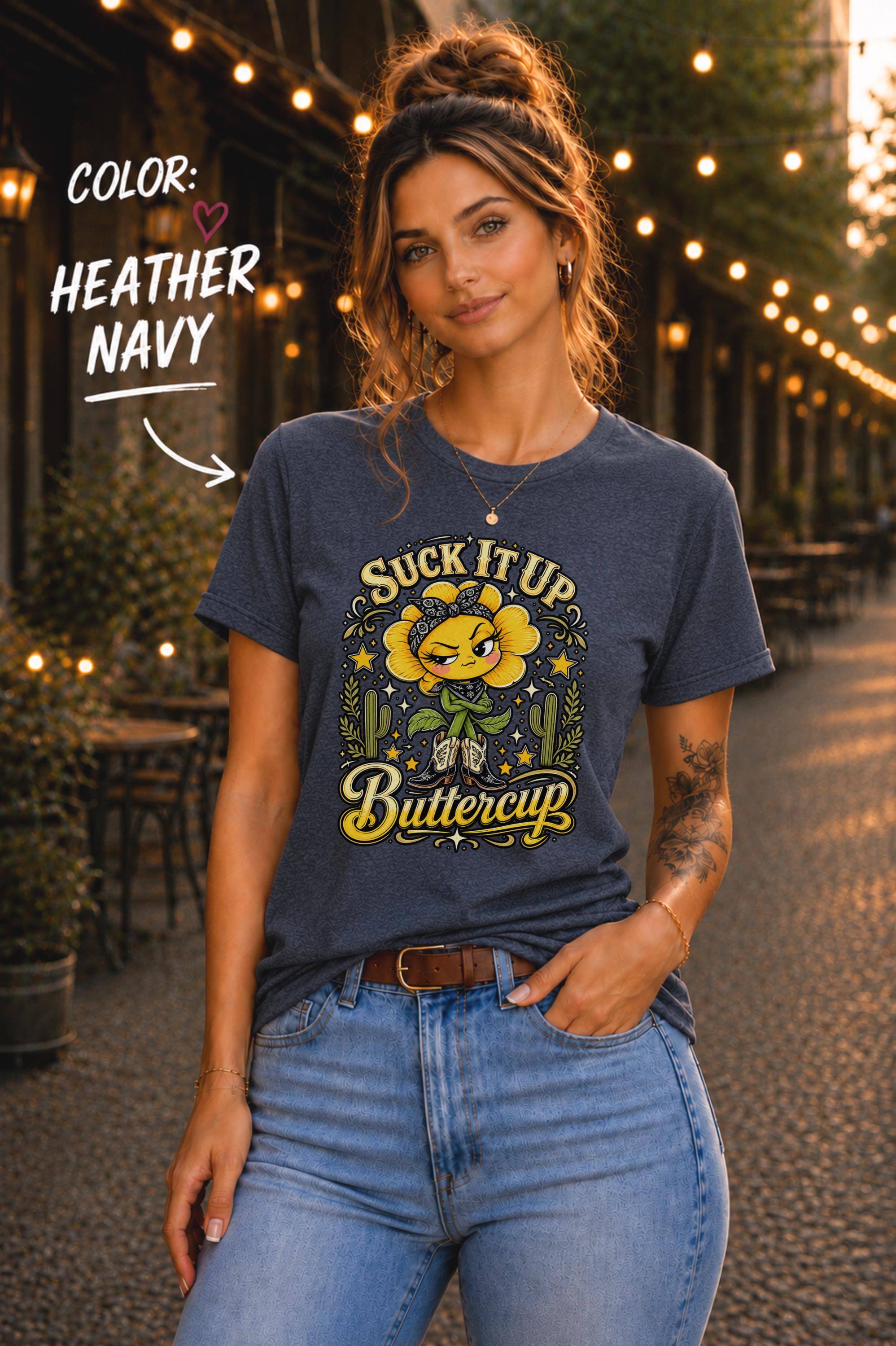 Sassy country girl shirt featuring a winking flower surrounded by cactus plants and decorative stars.