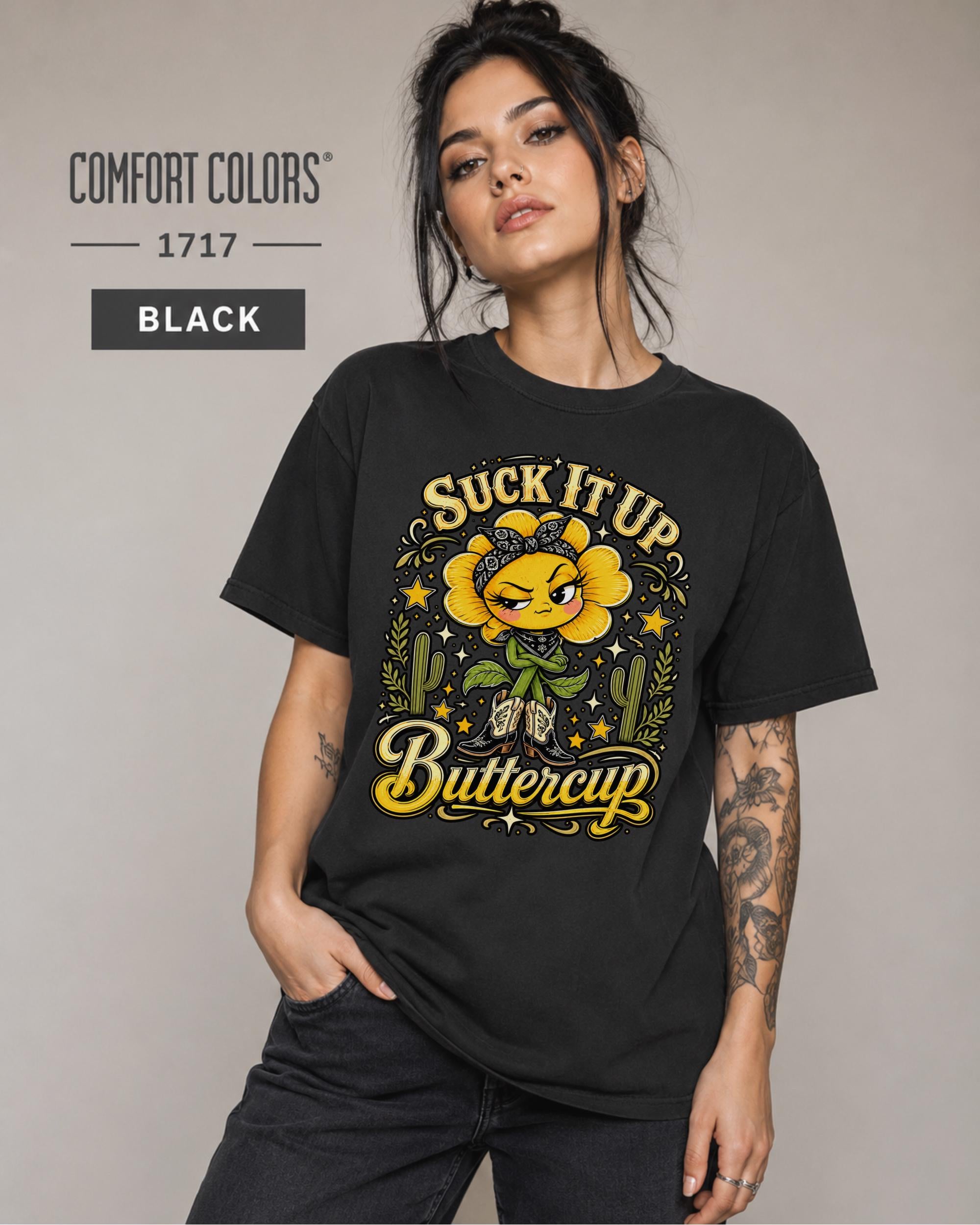 Cowgirl inspired T-shirt with sarcastic Buttercup phrase, boots, bandana, and desert details.