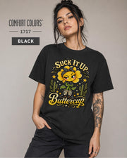 Cowgirl inspired T-shirt with sarcastic Buttercup phrase, boots, bandana, and desert details.