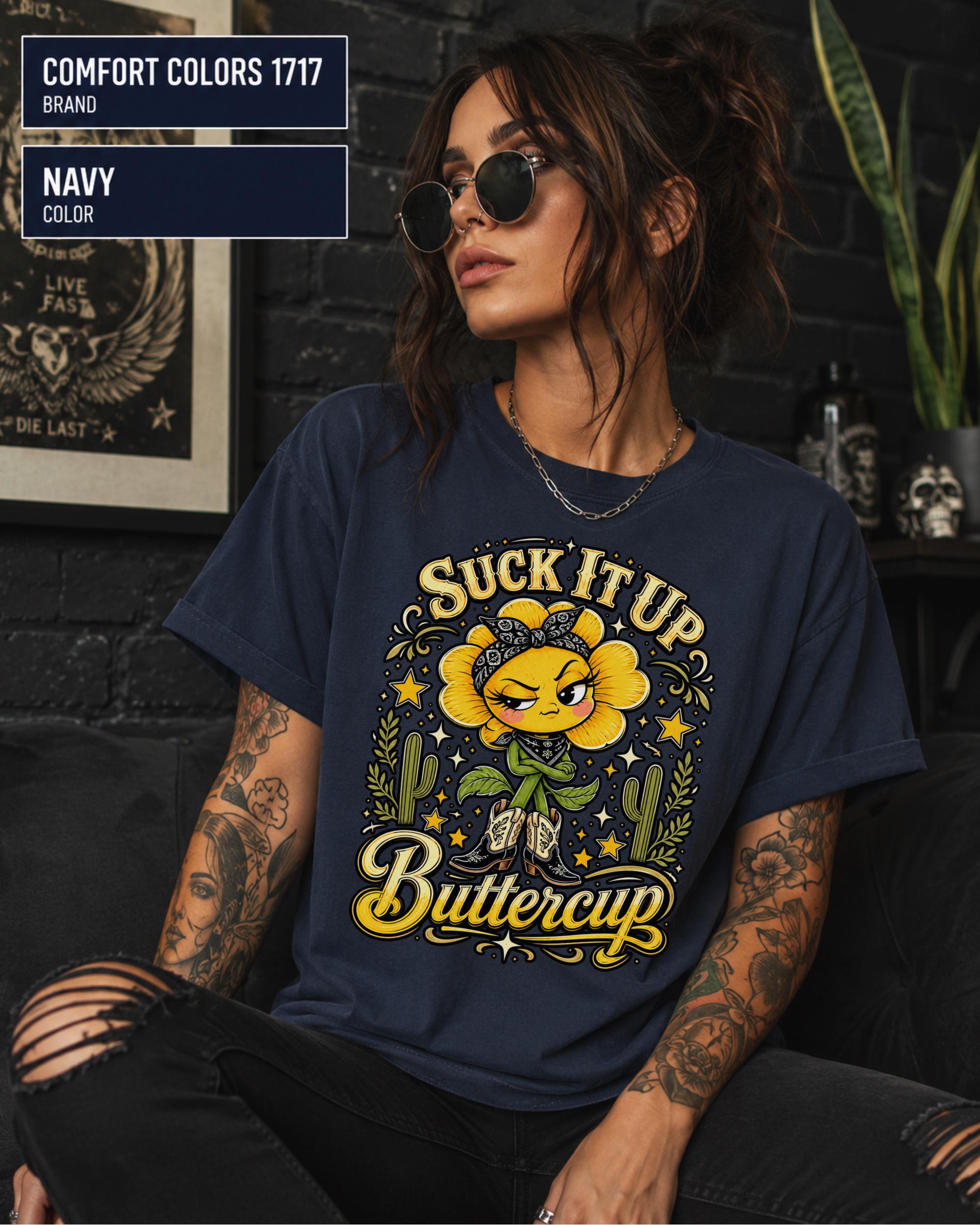 Navy Comfort Colors style shirt featuring a colorful western flower graphic.