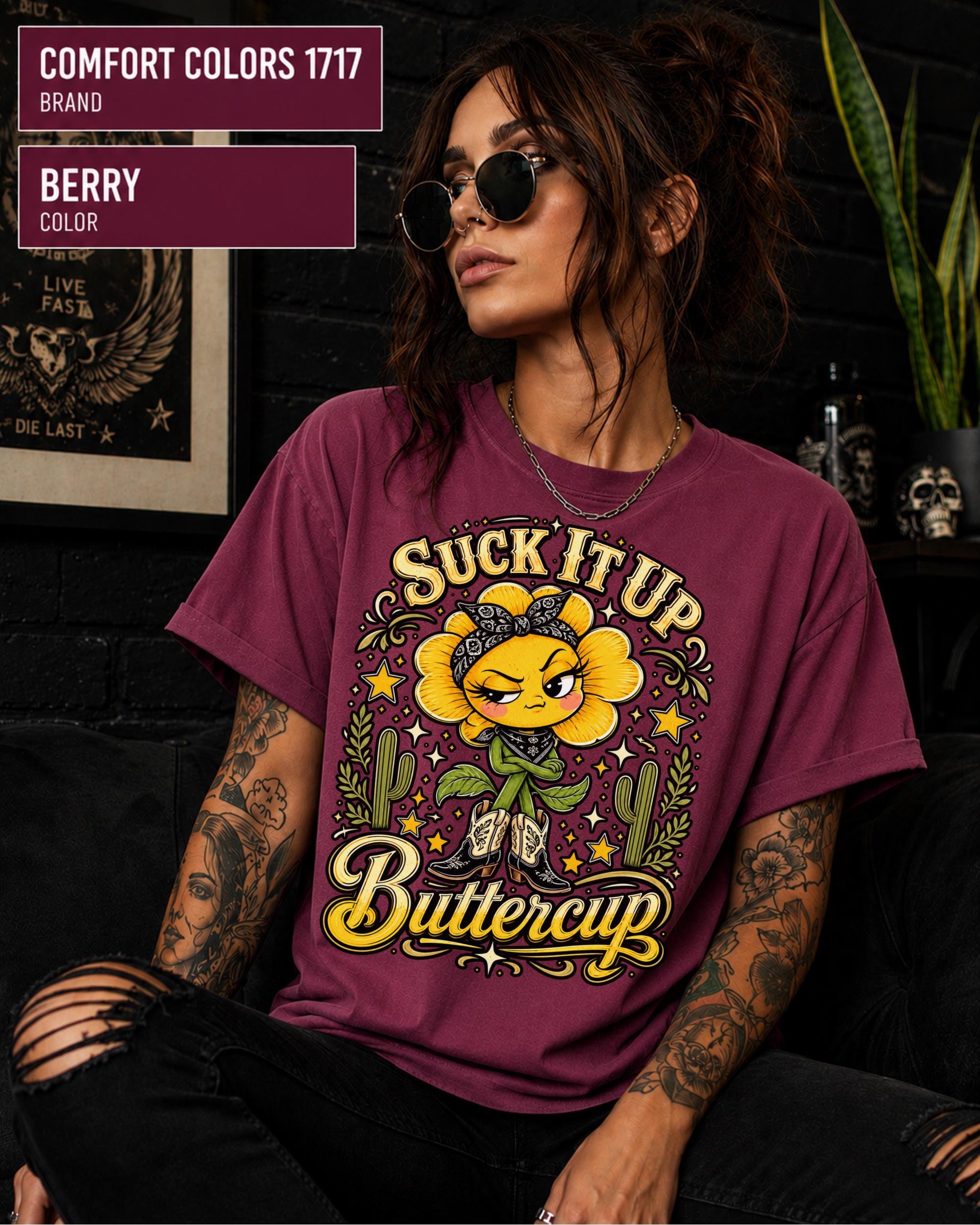 Retro western women’s tee featuring Suck It Up Buttercup text and vintage-inspired illustration.
