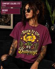 Retro western women’s tee featuring Suck It Up Buttercup text and vintage-inspired illustration.