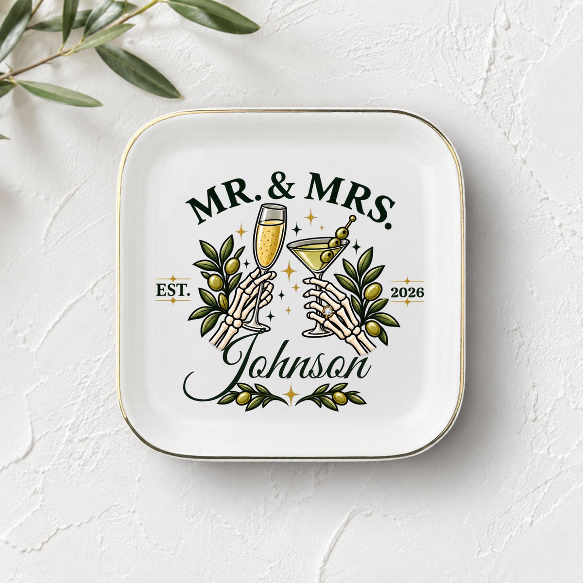 White square jewelry tray with gold rim, personalized Johnson surname, established year, and dark romantic wedding artwork.