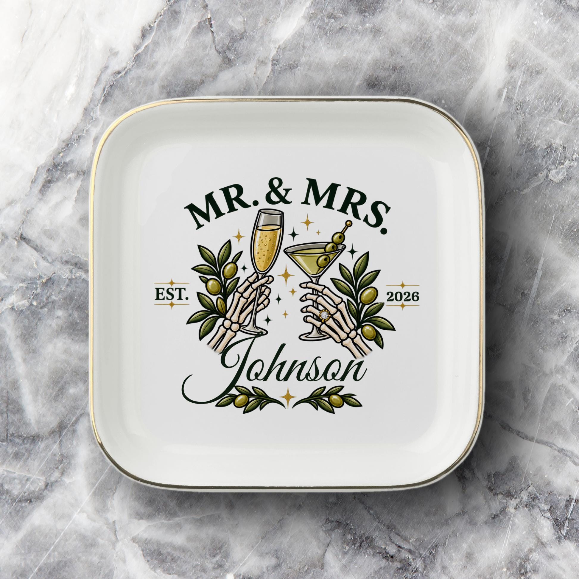 Gothic bride and groom gift featuring skeleton hand artwork, custom surname, olive branches, and wedding date year.