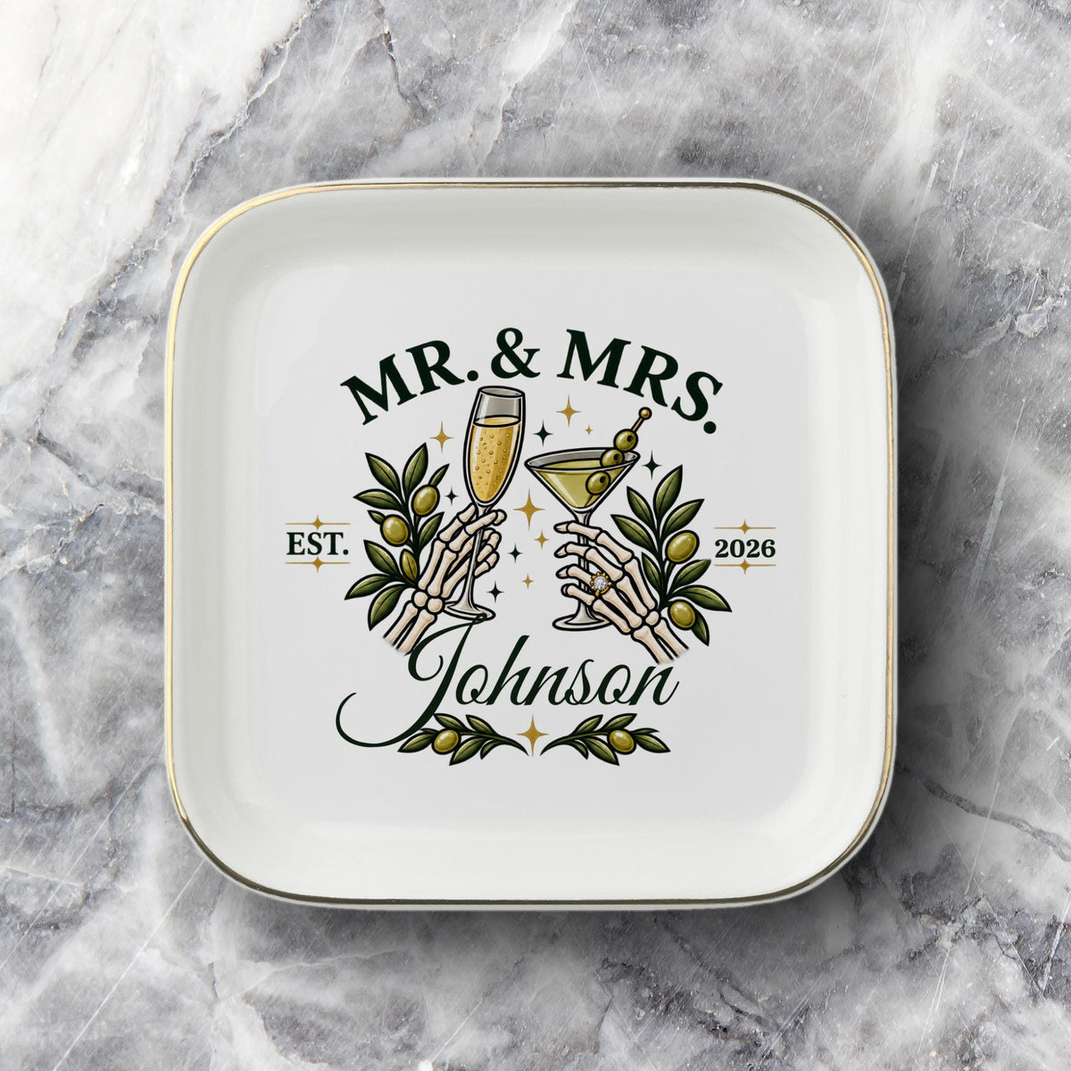 Gothic bride and groom gift featuring skeleton hand artwork, custom surname, olive branches, and wedding date year.