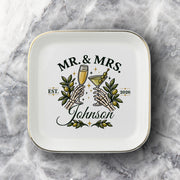 Gothic bride and groom gift featuring skeleton hand artwork, custom surname, olive branches, and wedding date year.