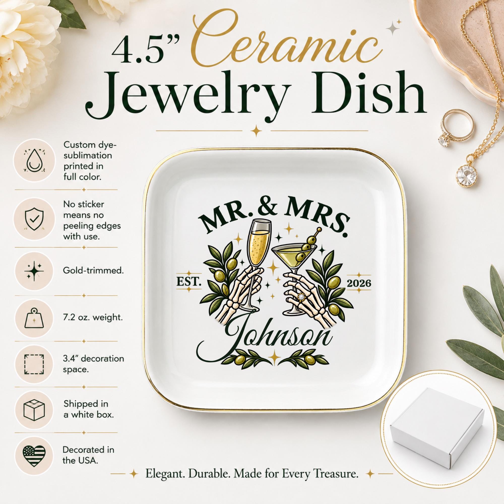 Size chart Personalized dark wedding jewelry tray with gothic toast artwork, custom surname, established year, and gold accents.
