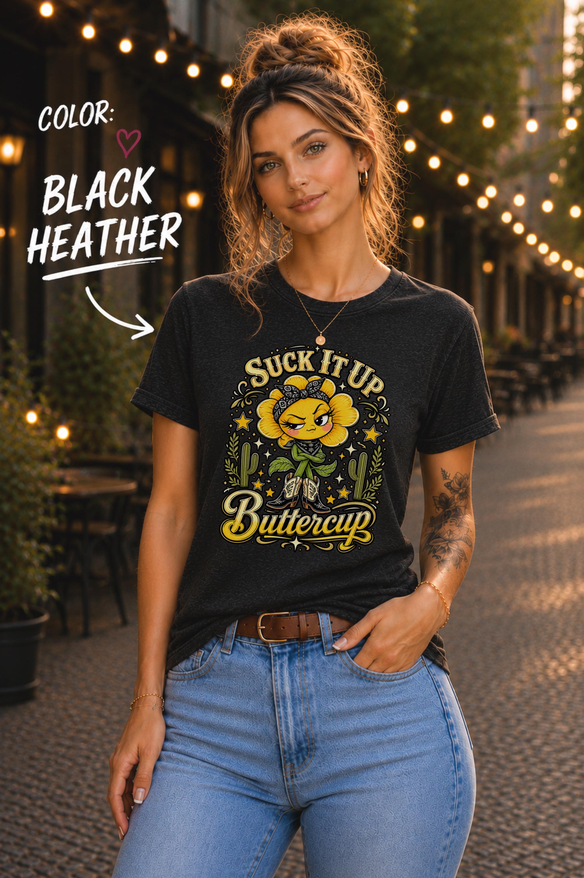 Black heather cowgirl shirt featuring a yellow flower character wearing western boots and a patterned bandana.