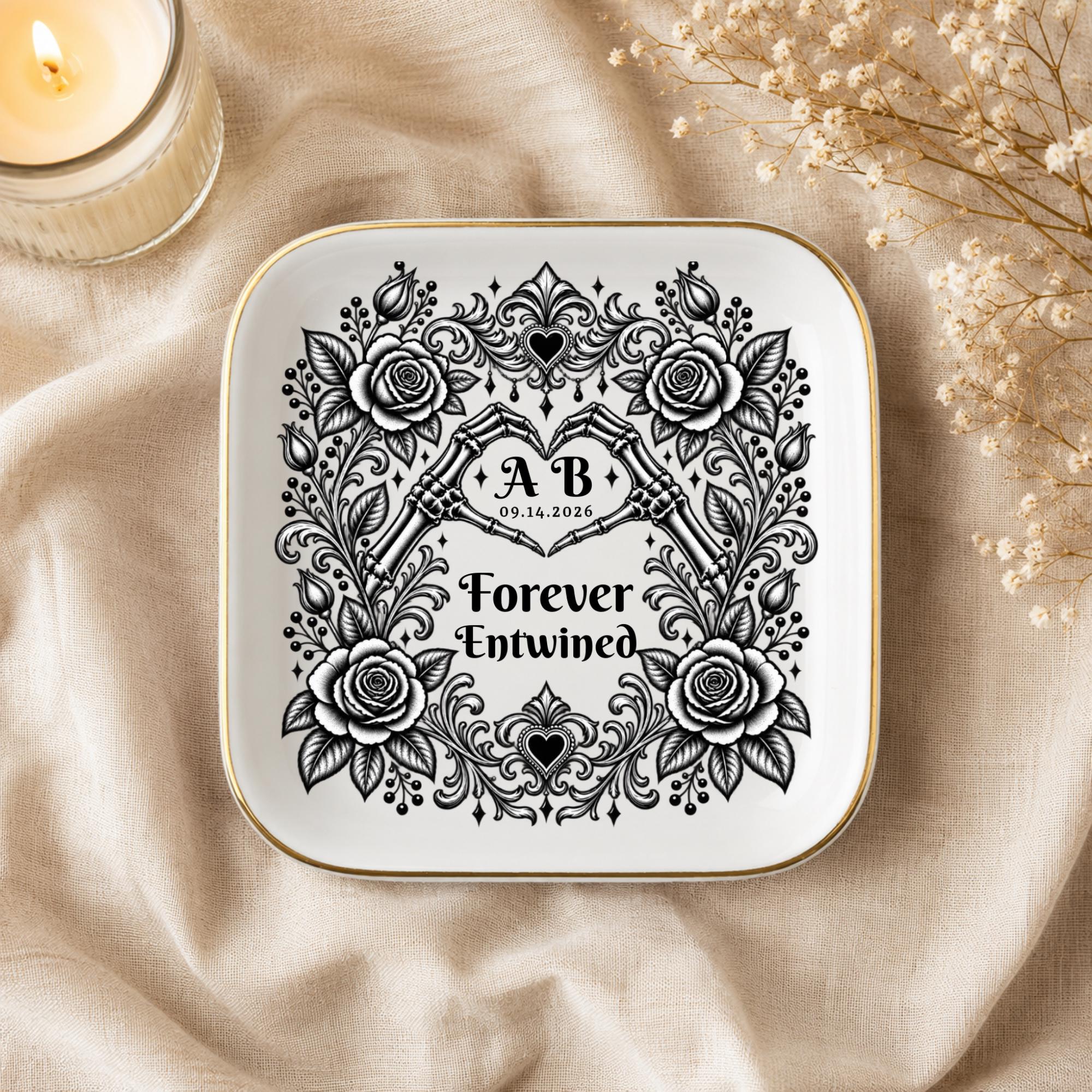 Gothic wedding ring dish personalized with couple initials and date surrounded by black roses and vintage ornament details.
