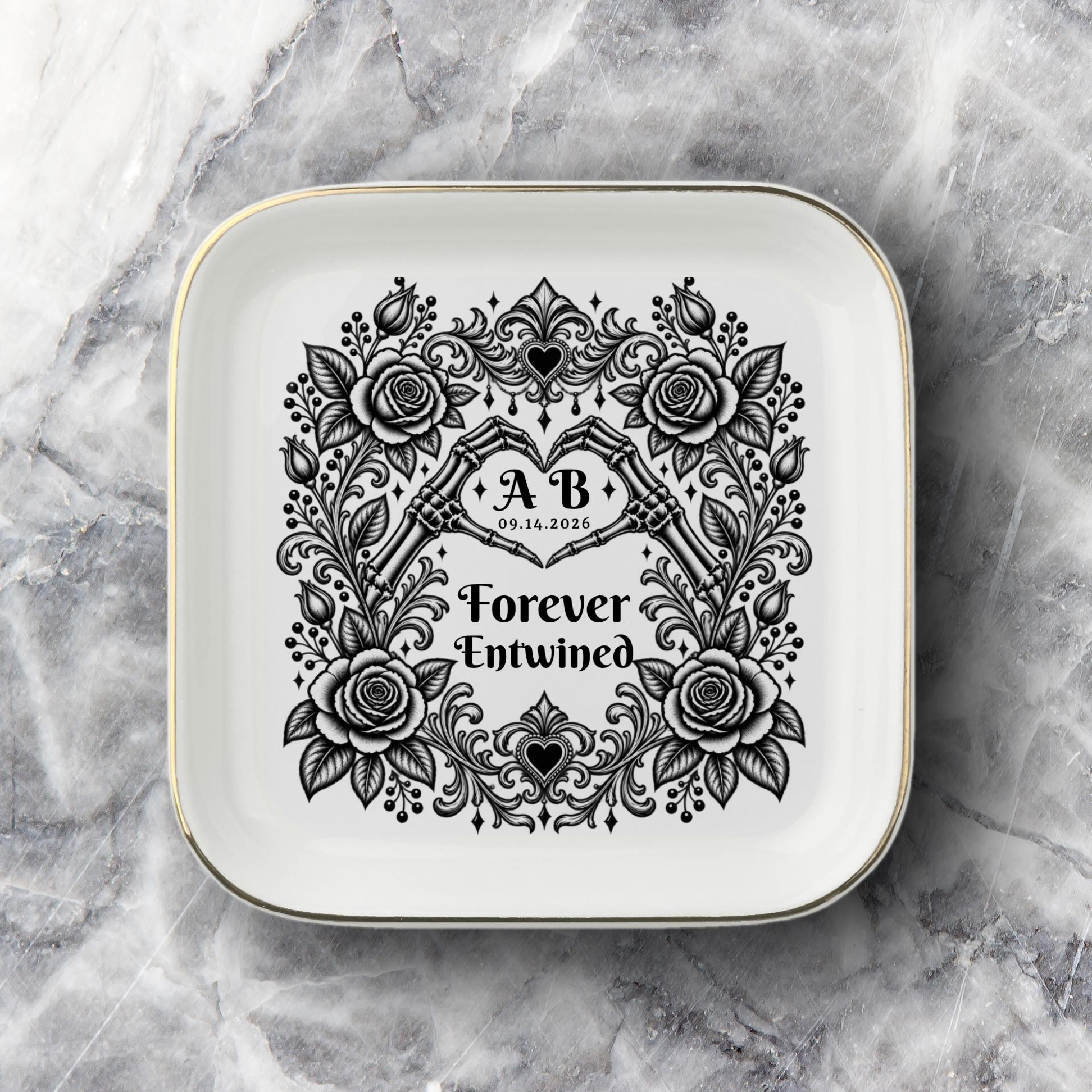 Personalized gothic wedding gift featuring ornate roses, skeletal hands, hearts, initials, and special date.