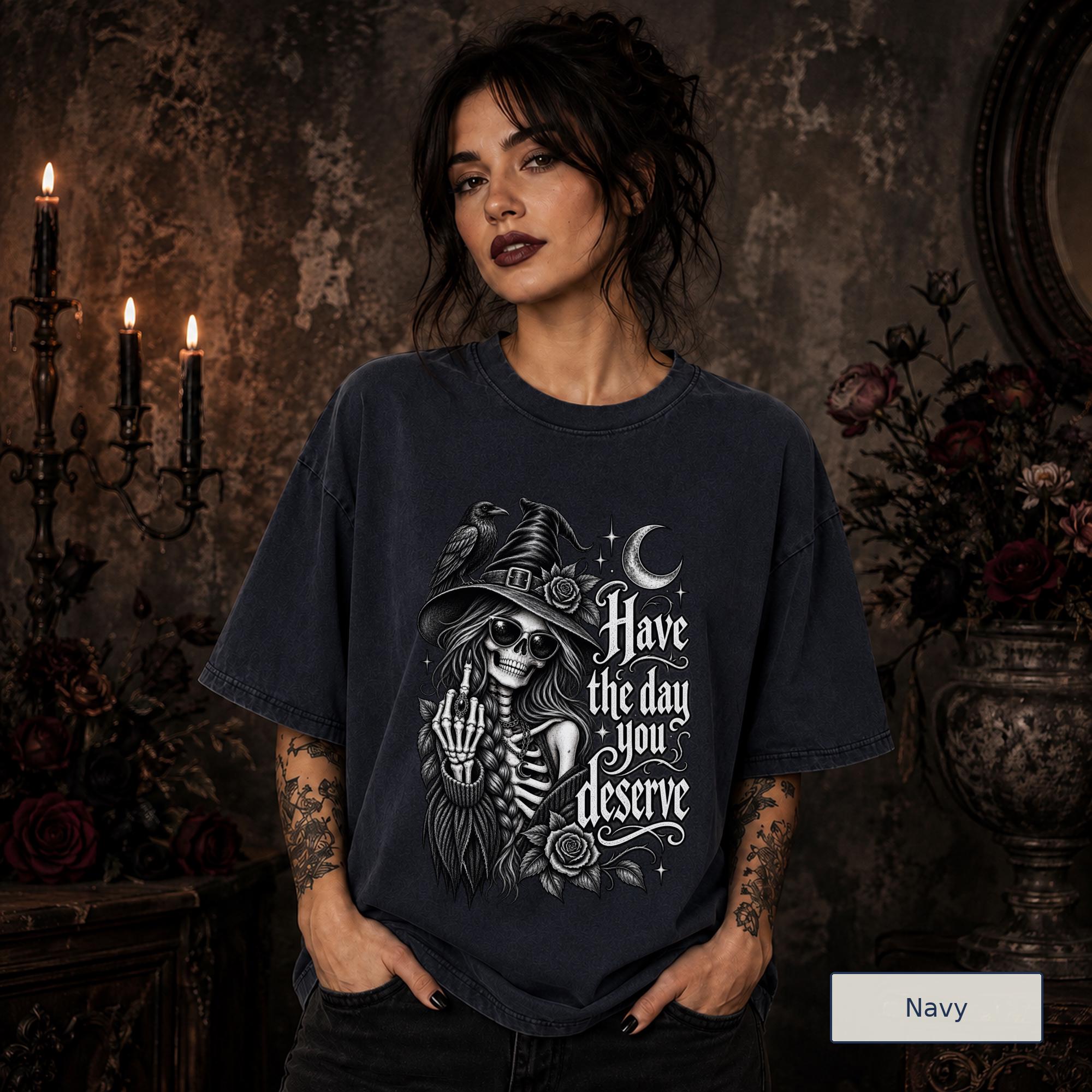 Alternative navy shirt featuring detailed monochrome witch artwork and sarcastic gothic saying.