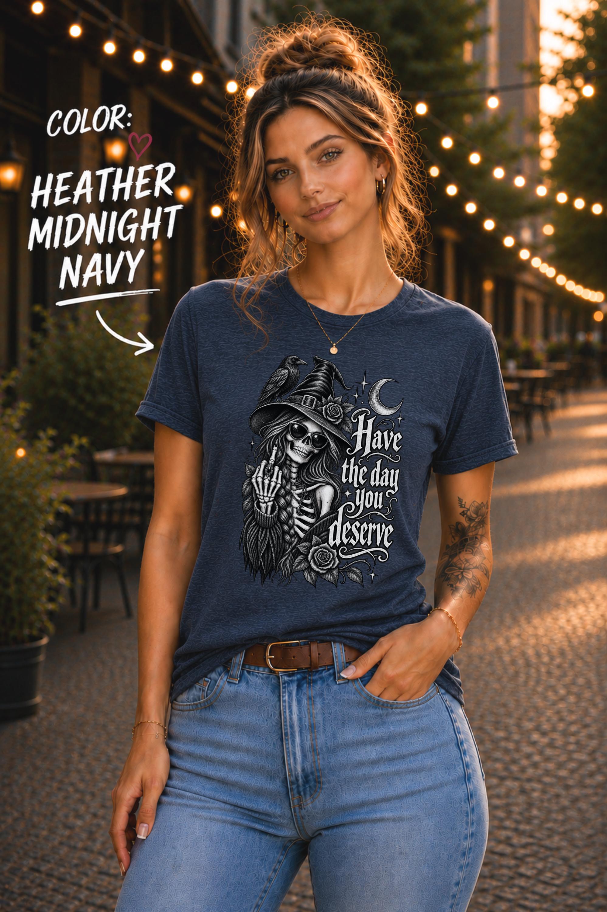 Gothic graphic shirt featuring celestial moon imagery, roses, skeleton bones, and ornate lettering.