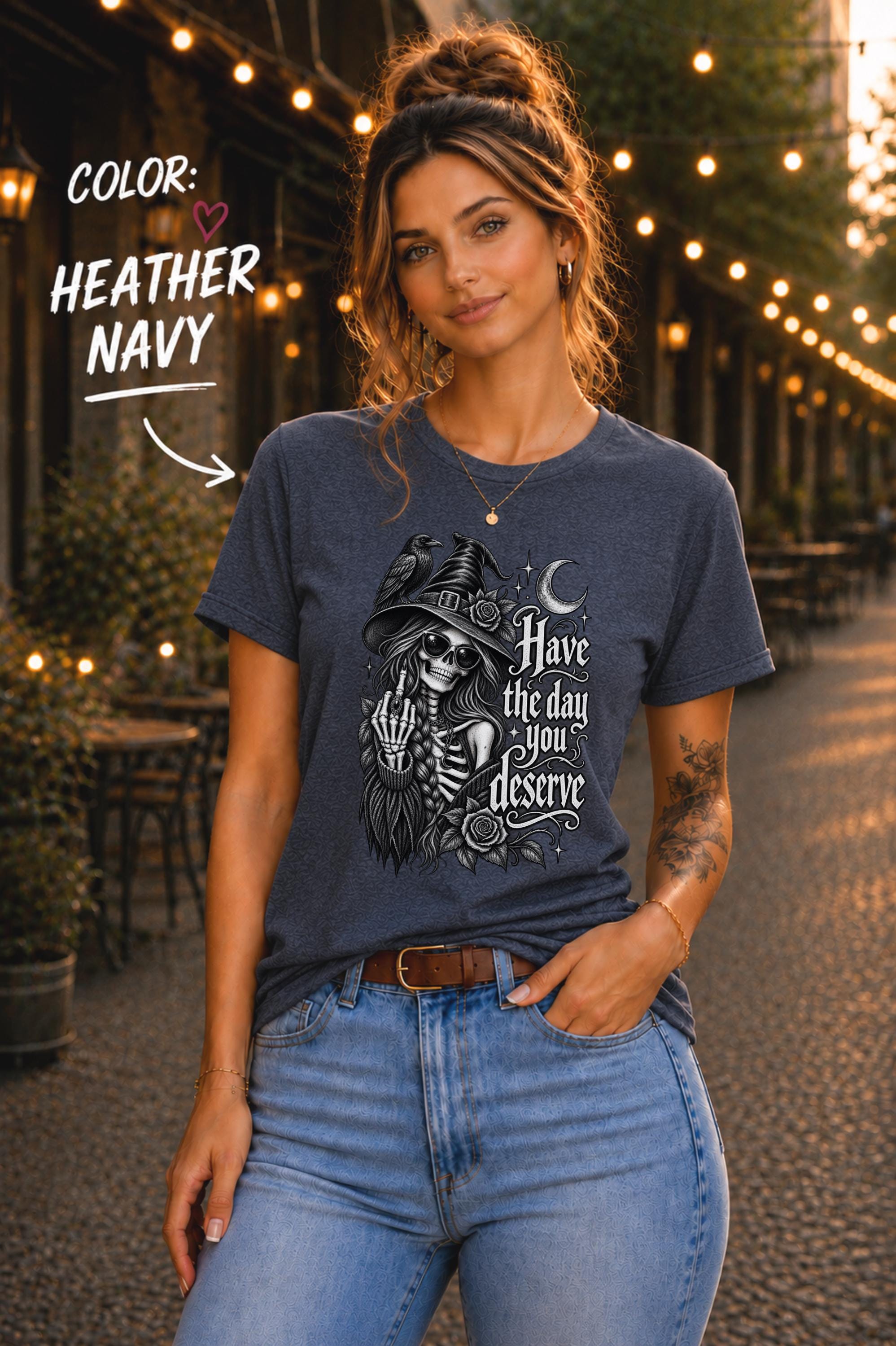 Dark aesthetic graphic tee featuring raven, skeleton woman, crescent moon, flowers, and celestial stars.
